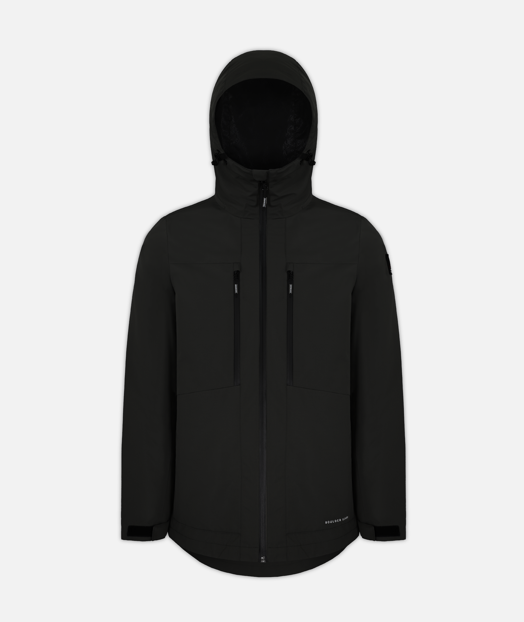 a mens black jacket with black zippers and hood on a white background