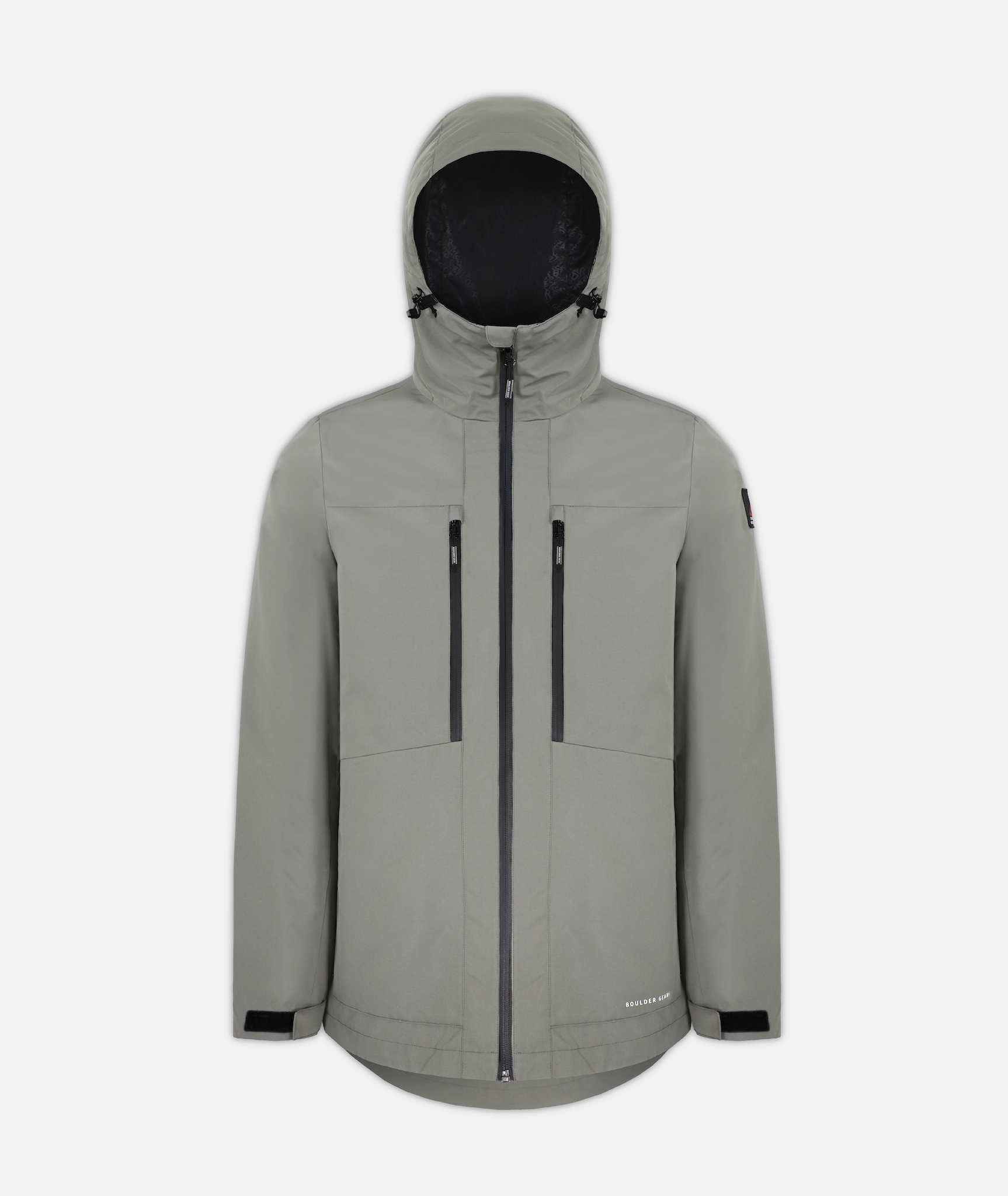 a mens beige jacket with black zippers and hood on a white background