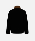 back of a black fleece jacket with brown collar on a white background