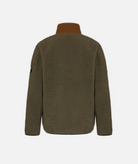 a green fleece jacket with brown collar on a white background