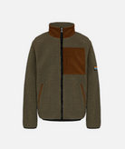 a green fleece jacket with brown chest pocket and collar on a white background