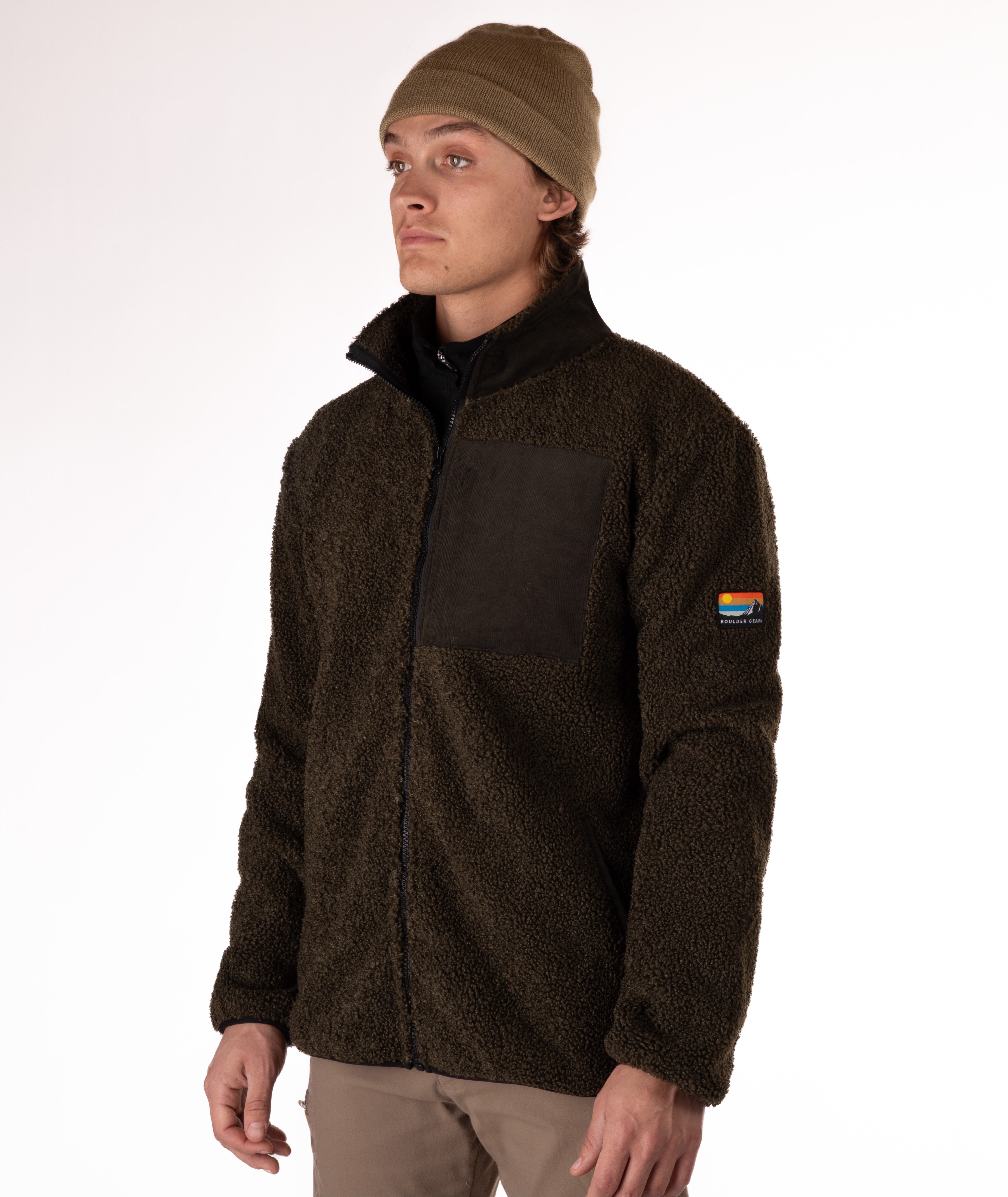 man wearing a green fleece jacket with green chest pocket and collar on white background