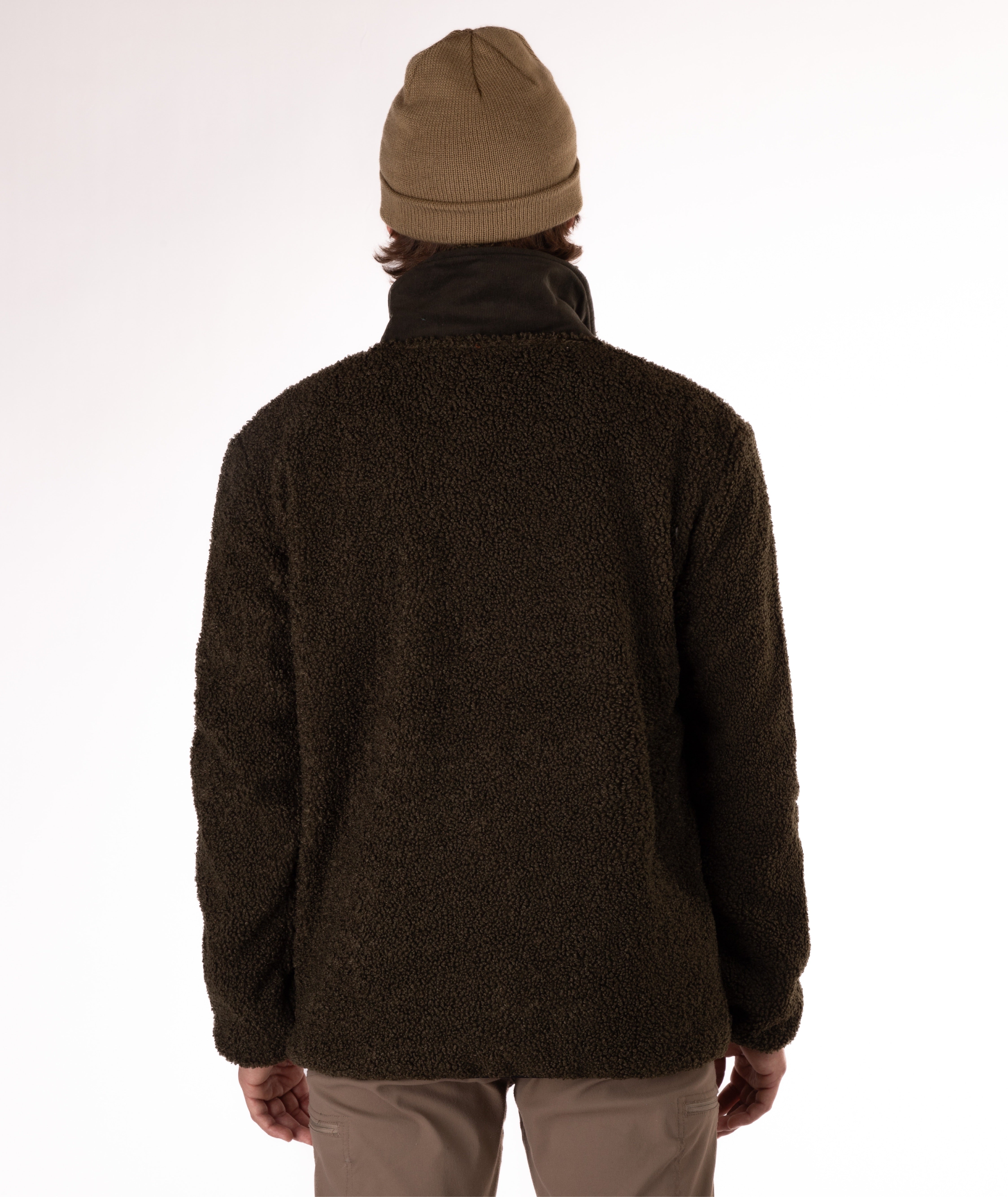 back of man wearing a green fleece jacket with green collar on white background