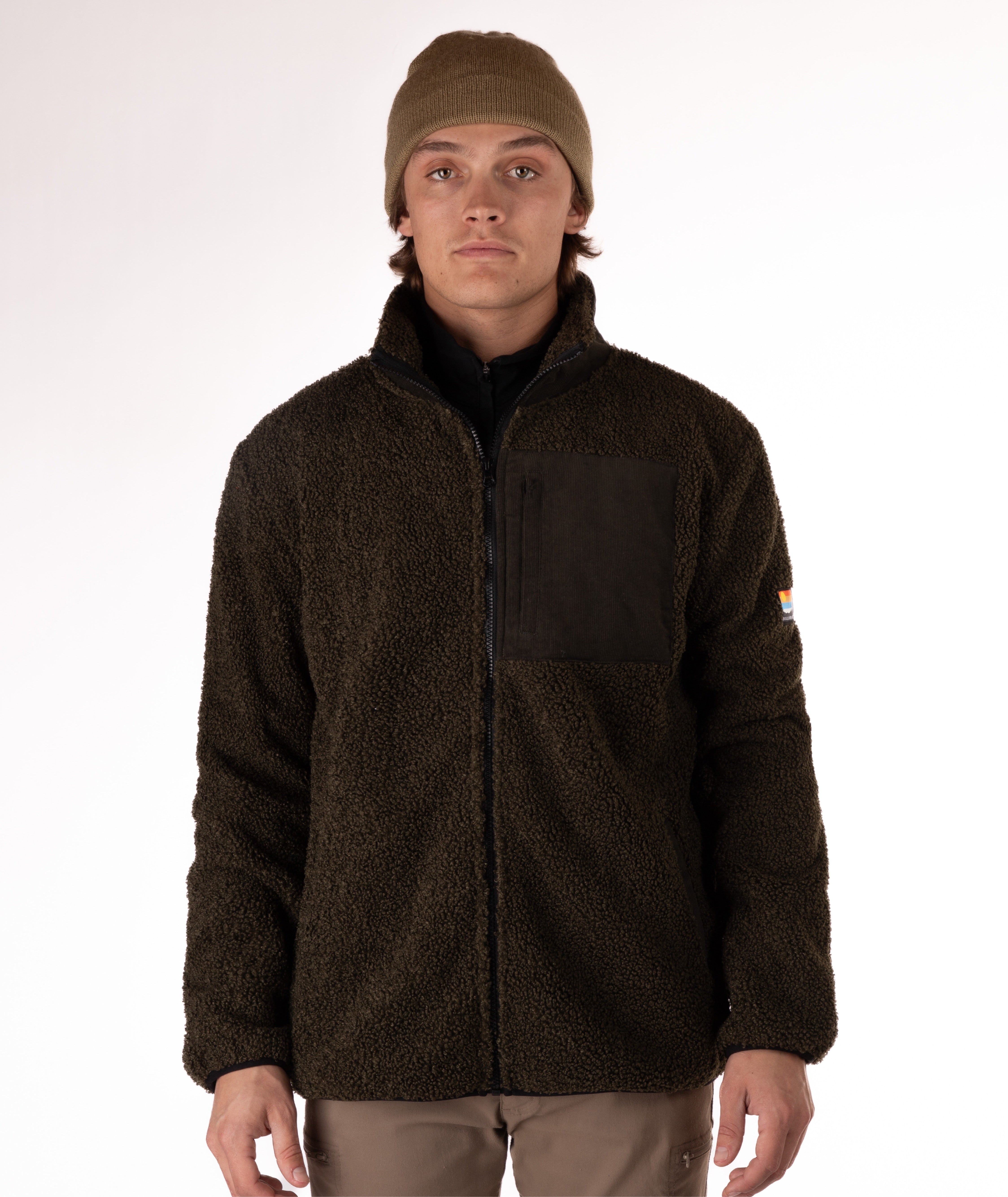 man wearing a green fleece jacket with green chest pocket and collar on white background