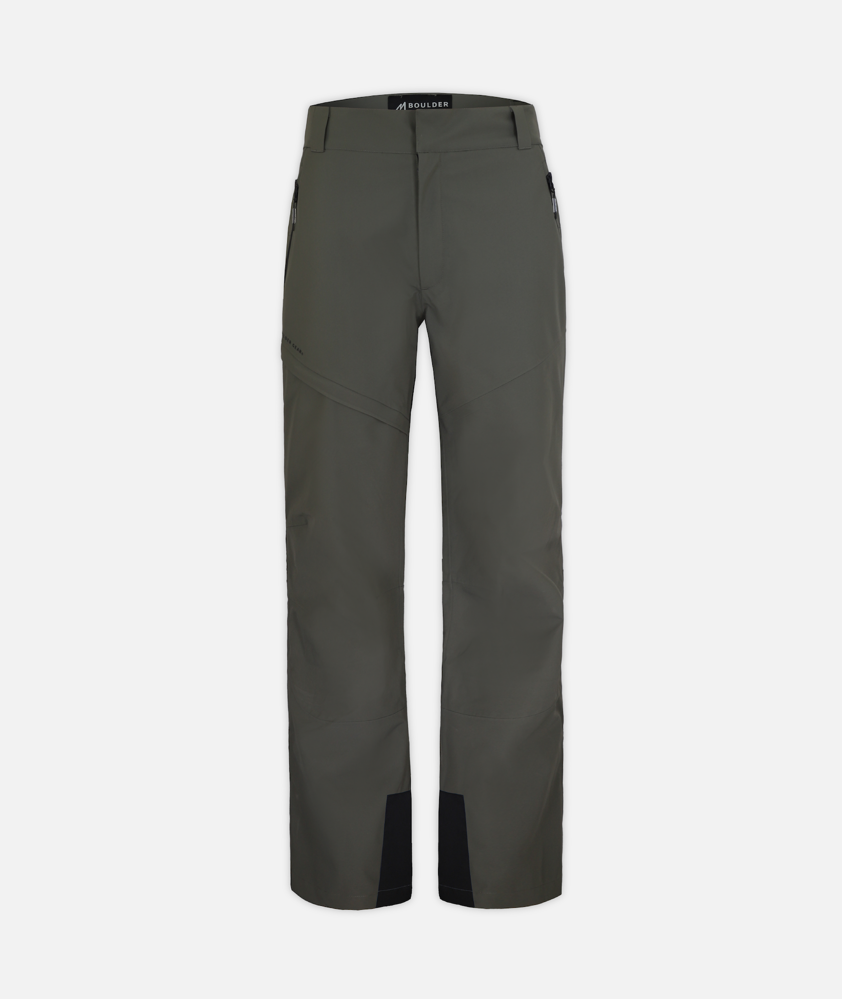 A pair of men's green snow pants on a white background