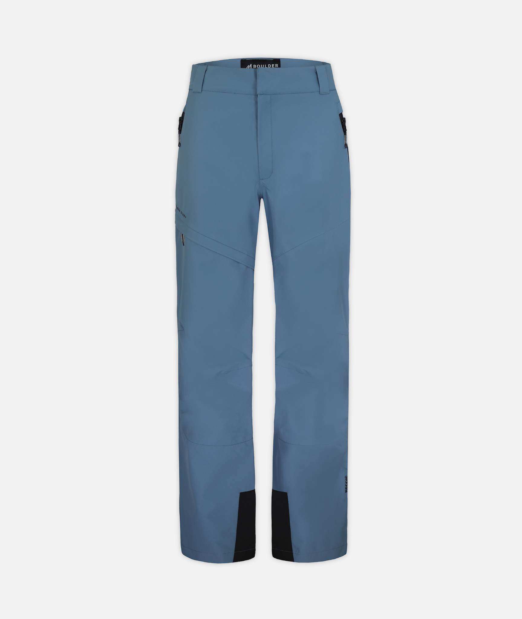 A pair of men's blue snow pants on a white background