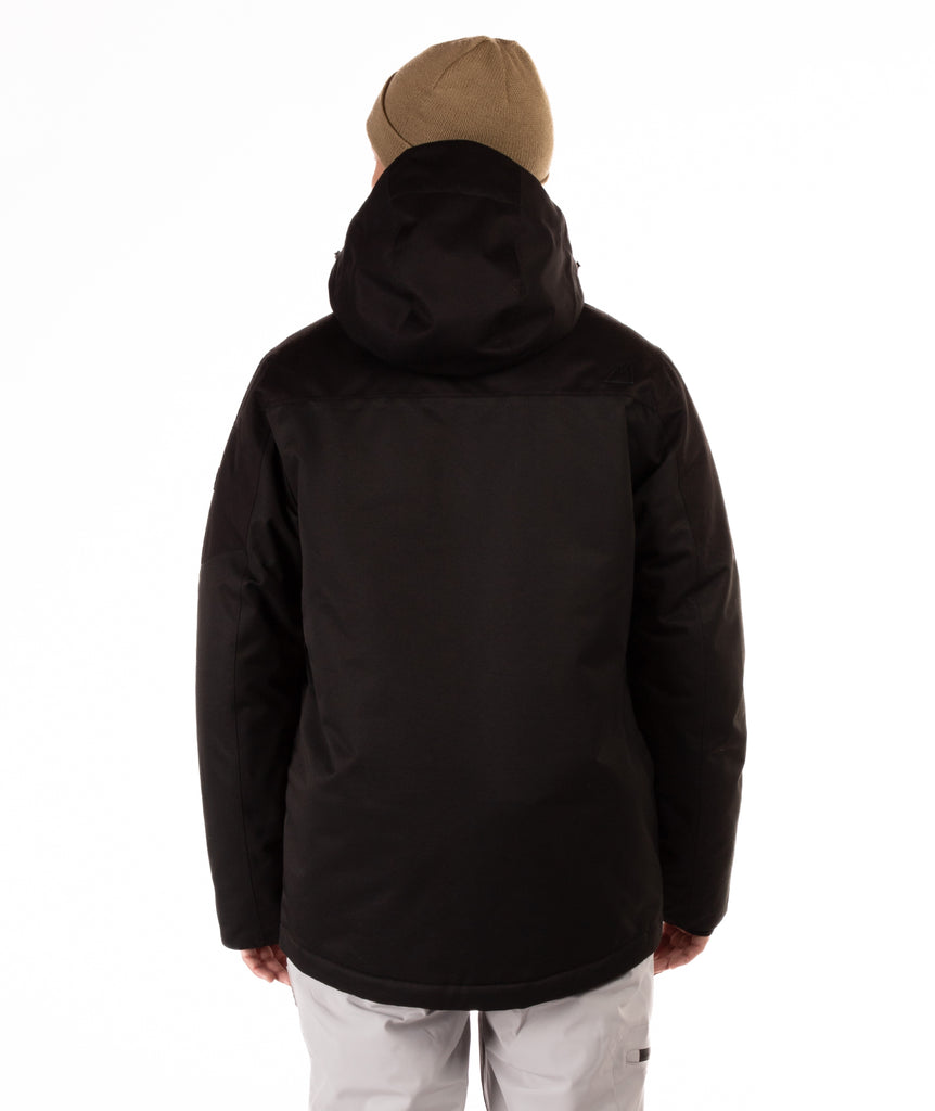 Person wearing a black jacket with a hood from behind on a white background