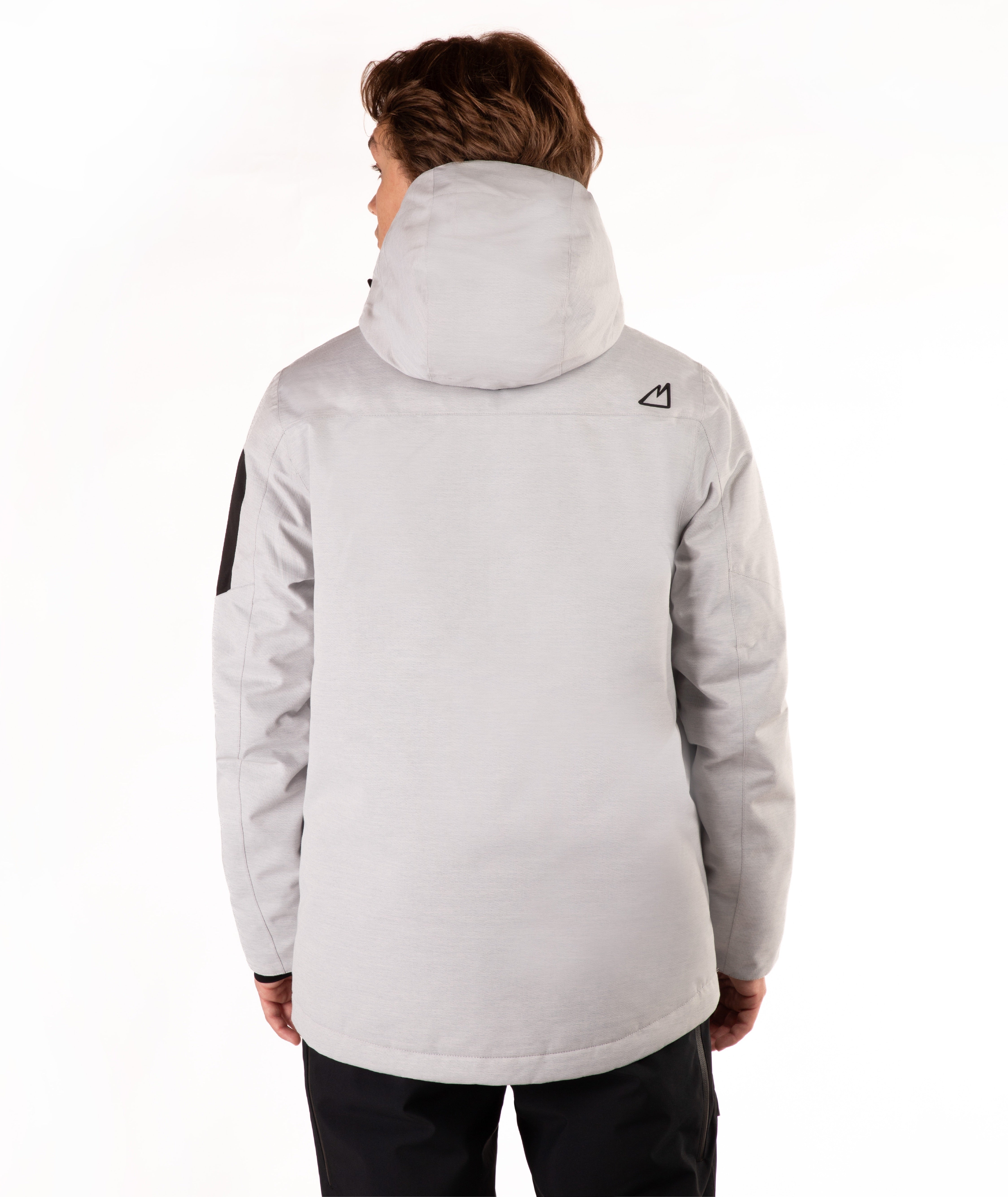 A person shown from the back wearing a light gray hooded jacket with a small black logo on the upper back and a black sleeve detail, photographed against a plain white studio background.