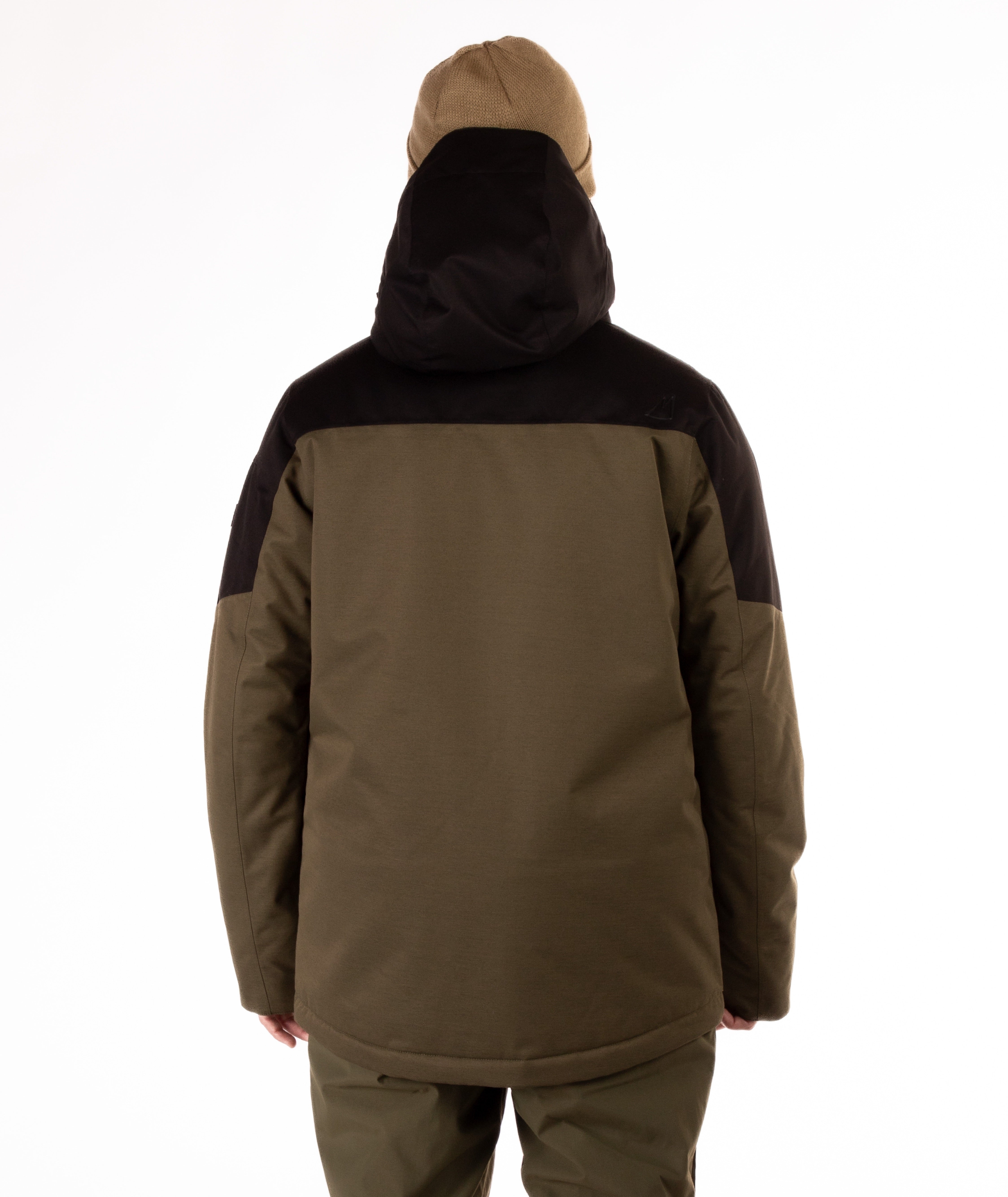 Man wearing a olive green and black jacket from behind on a white background