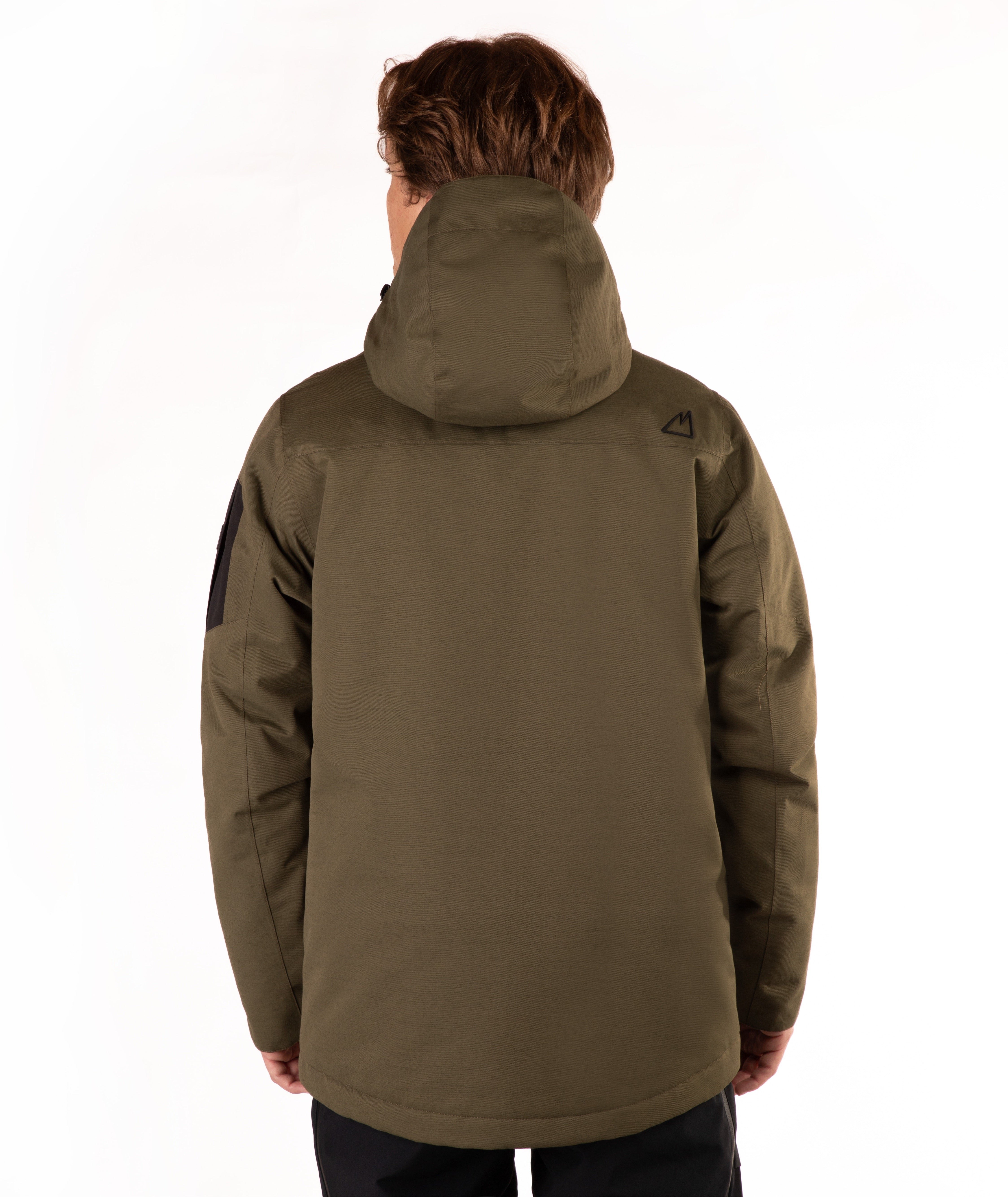 A man viewed from the back wearing an olive green hooded jacket against a plain white background.