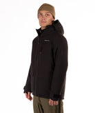 Man wearing a hooded black jacket with a brand logo on a white background