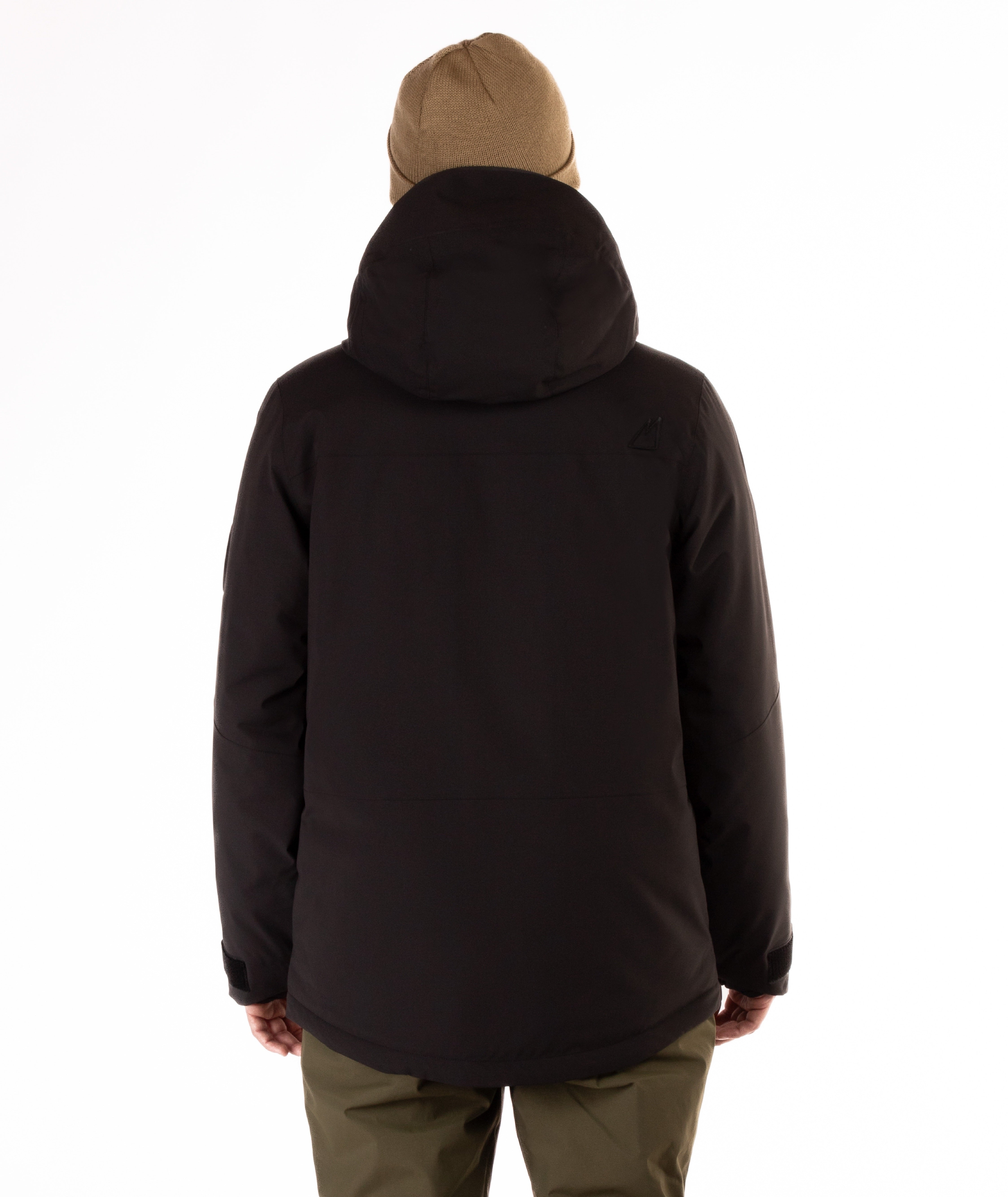 Man wearing a hooded black jacket with a brand logo on a white background