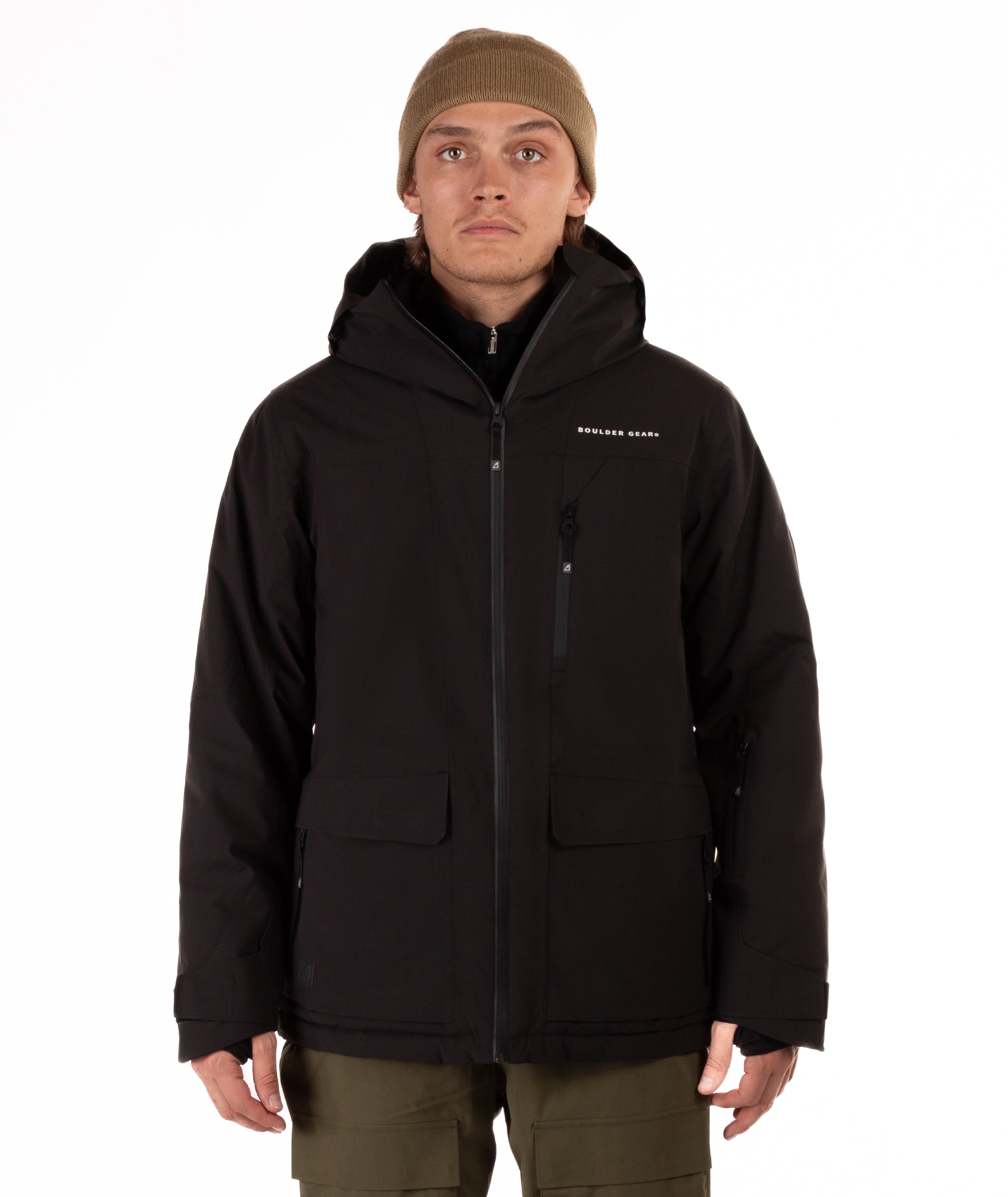 Man wearing a hooded black jacket with a brand logo on a white background