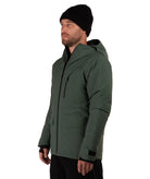 A man wearing a dark green hooded snowboard jacket with black zippers and a black beanie, photographed against a solid white background.