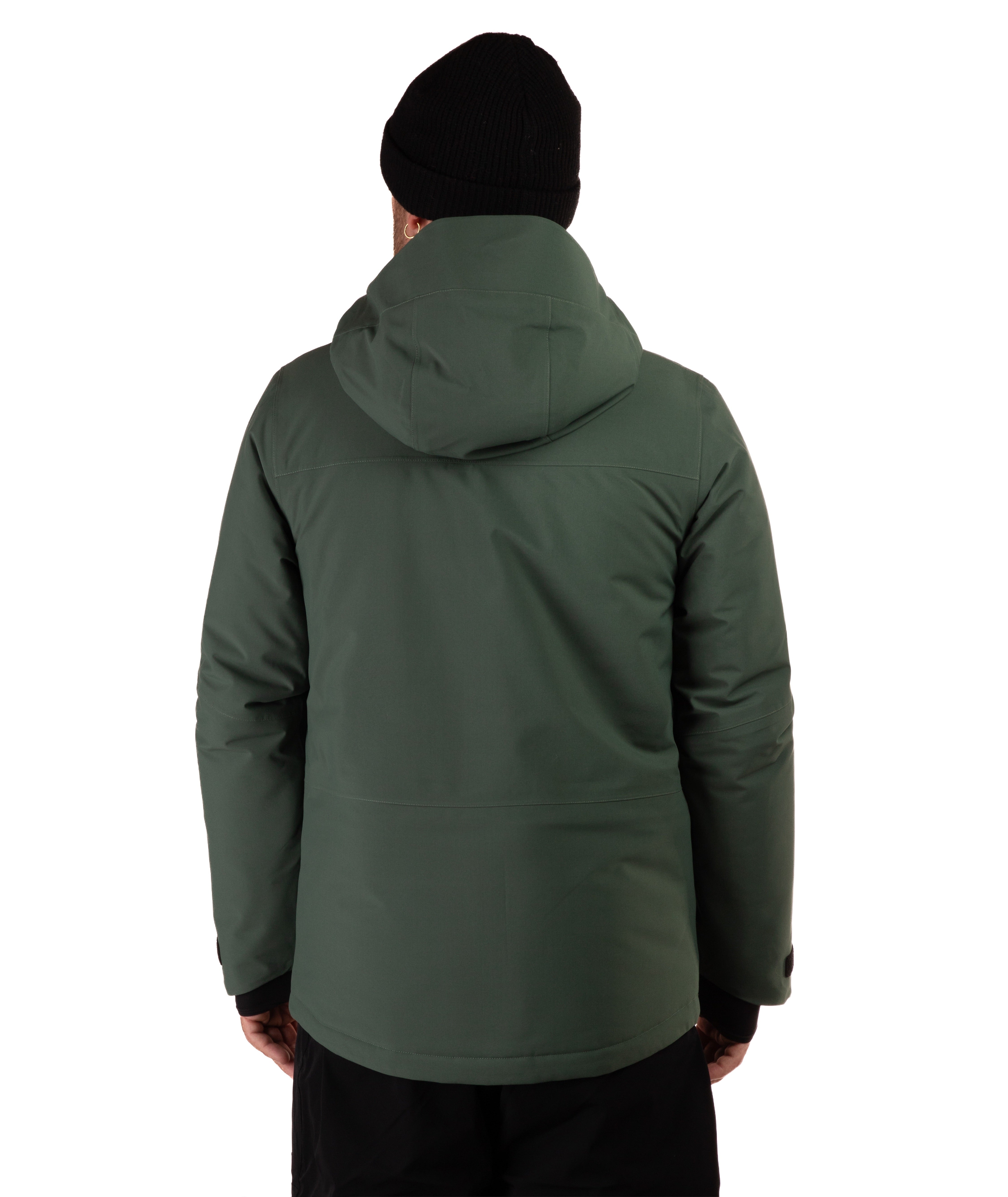 A man viewed from the back wearing an olive green hooded jacket and a black beanie against a plain white background.