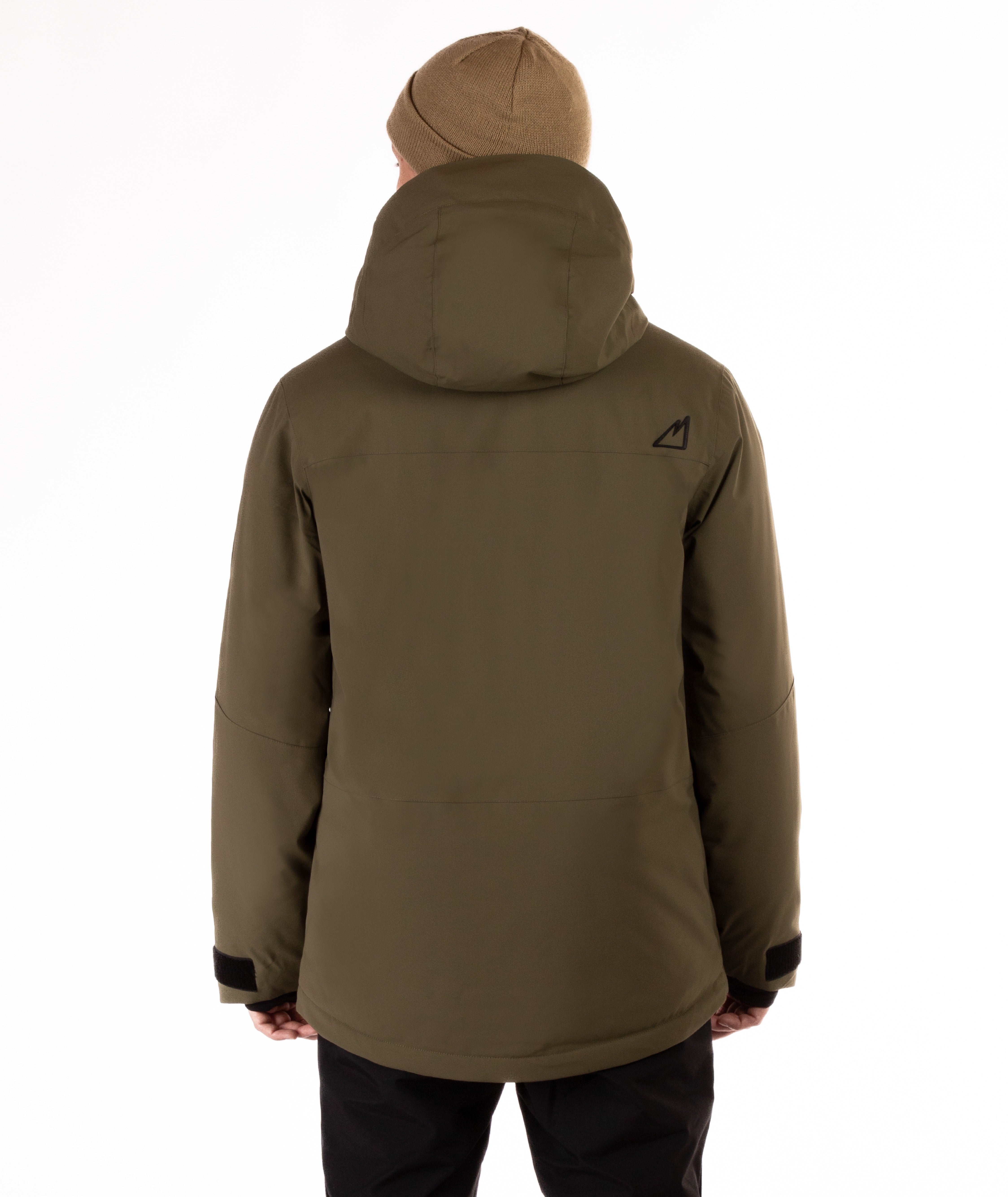 Man wearing a hooded olive green jacket with a brand logo on a white background