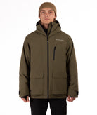 Man wearing a hooded olive green jacket with a brand logo on a white background