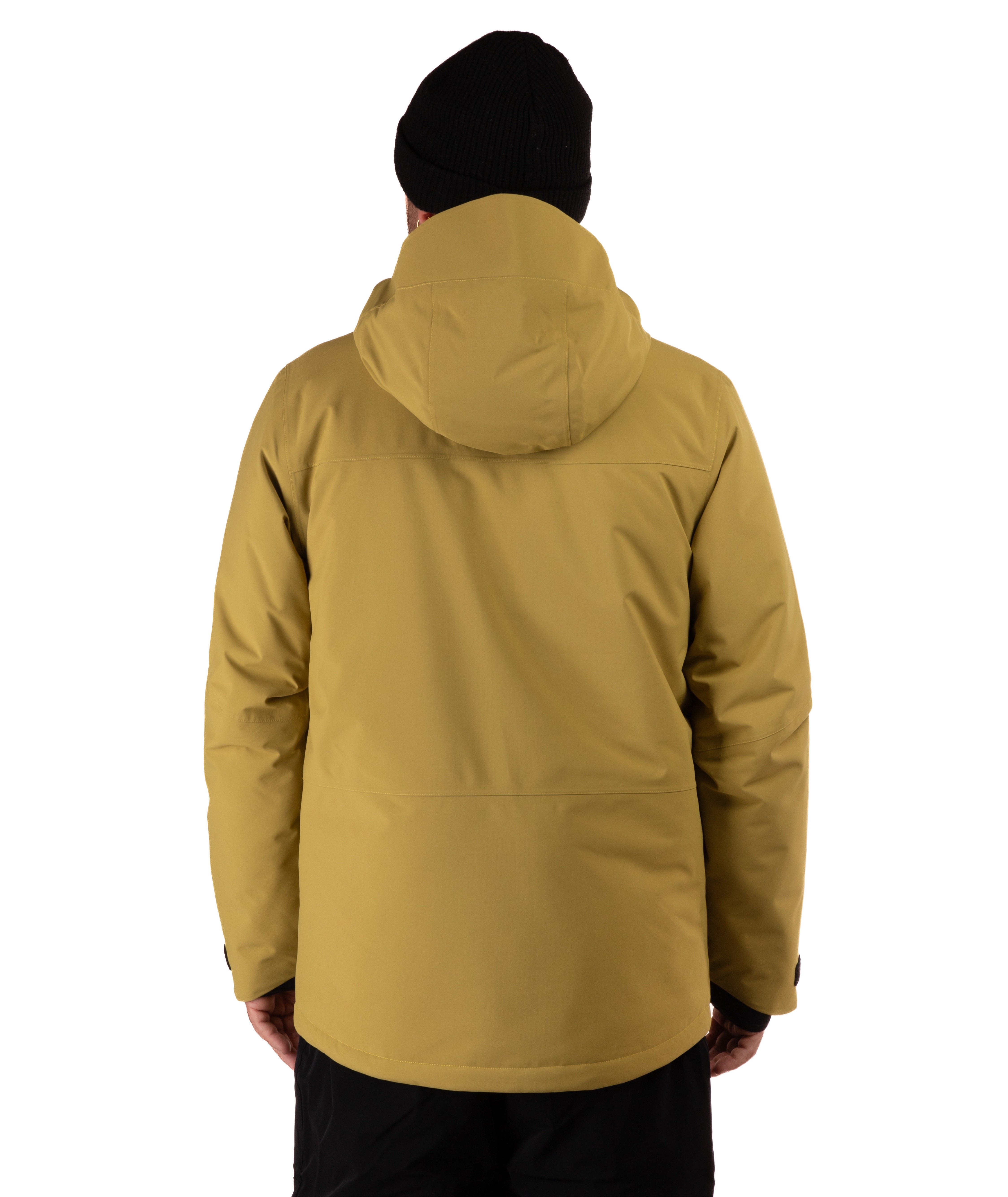 A person shown from the back wearing a hooded jacket in a muted mustard yellow color, paired with a black beanie and black pants, against a plain white background.