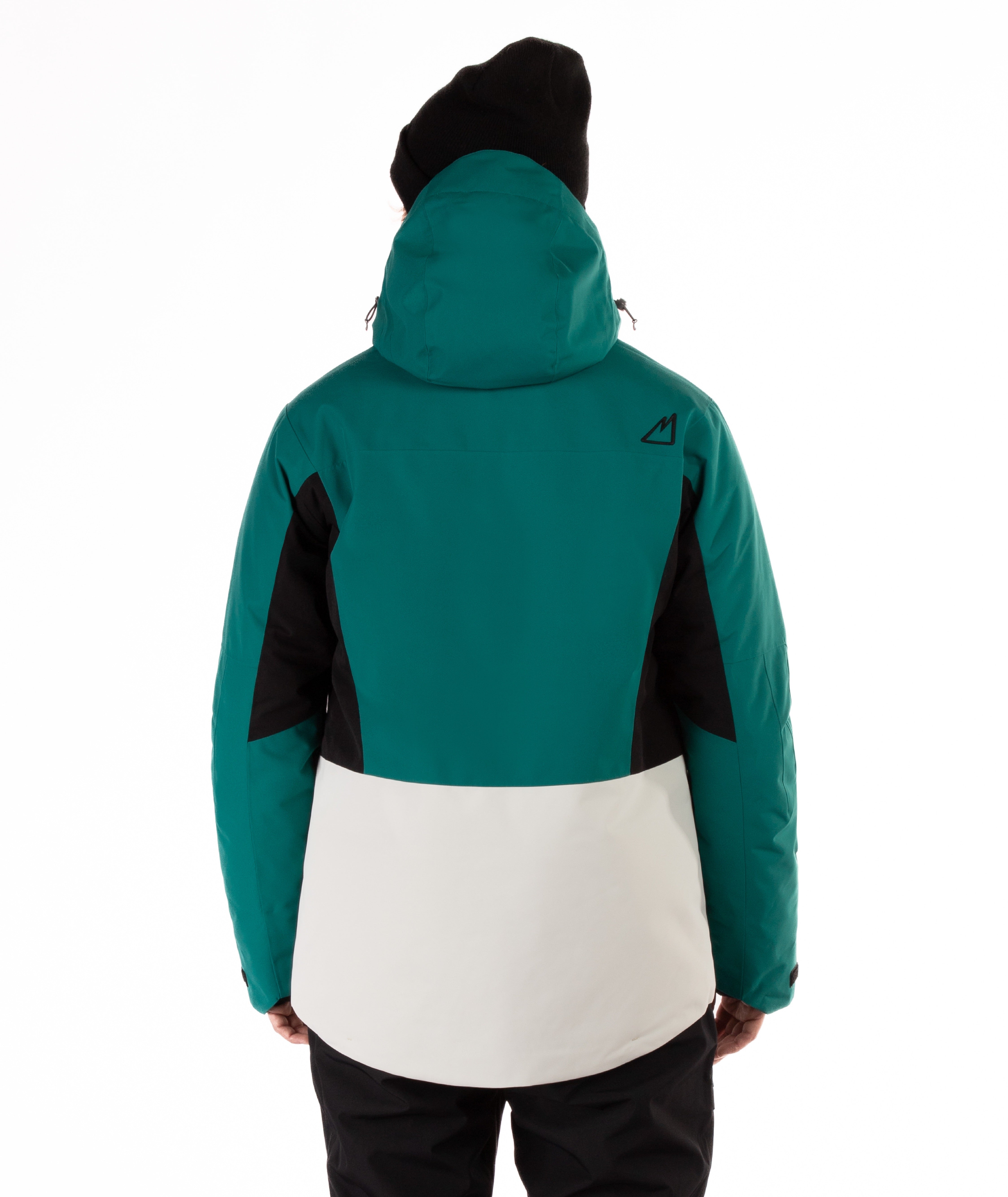 Green and black jacket with white panel on a white background