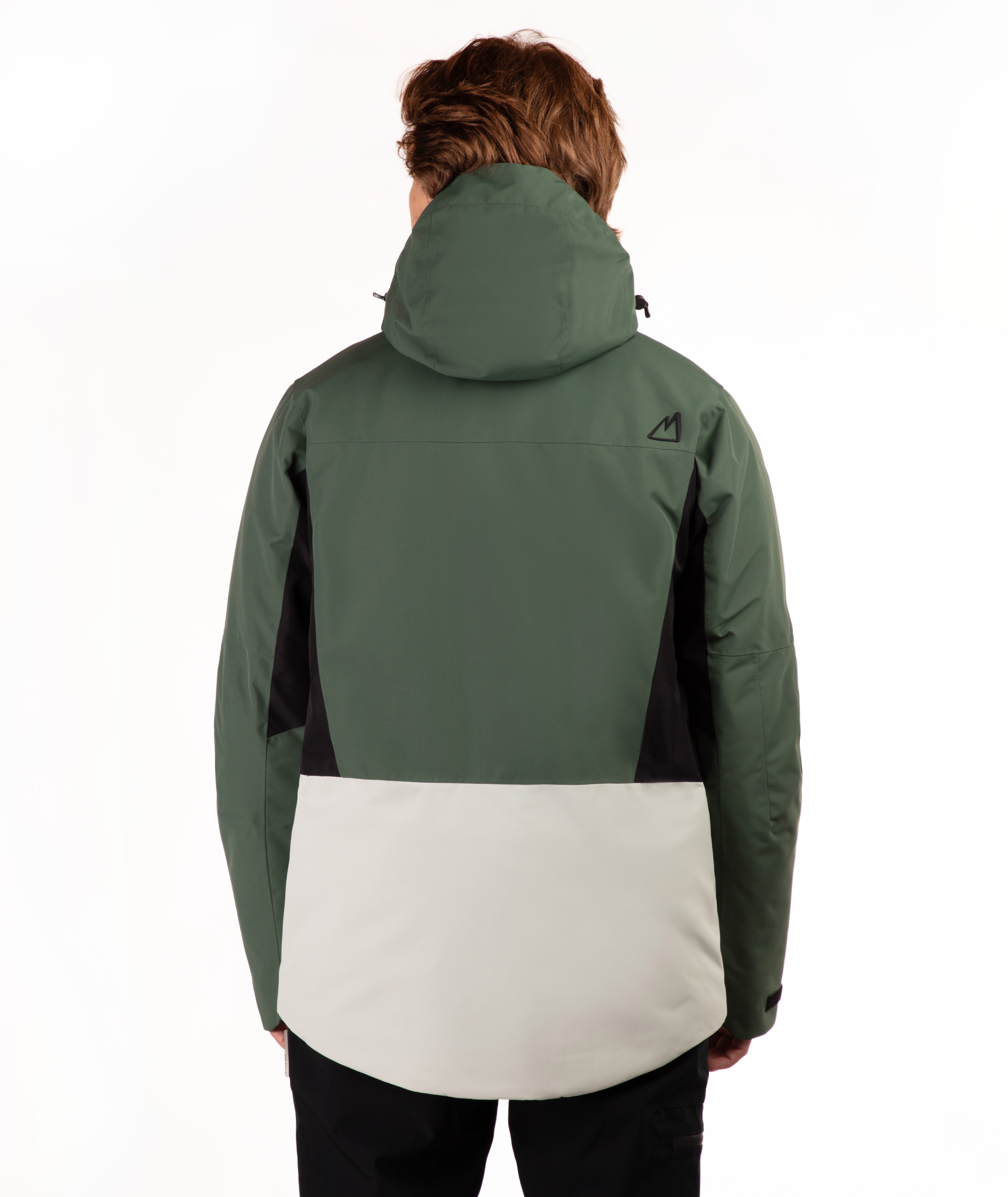 A person shown from the back wearing a colorblock hooded jacket. The jacket features a dark green upper body and sleeves, black side panels, and a large light green colorblock panel across the lower back.