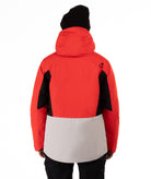 Person wearing a red and black jacket with a white panel on a white background