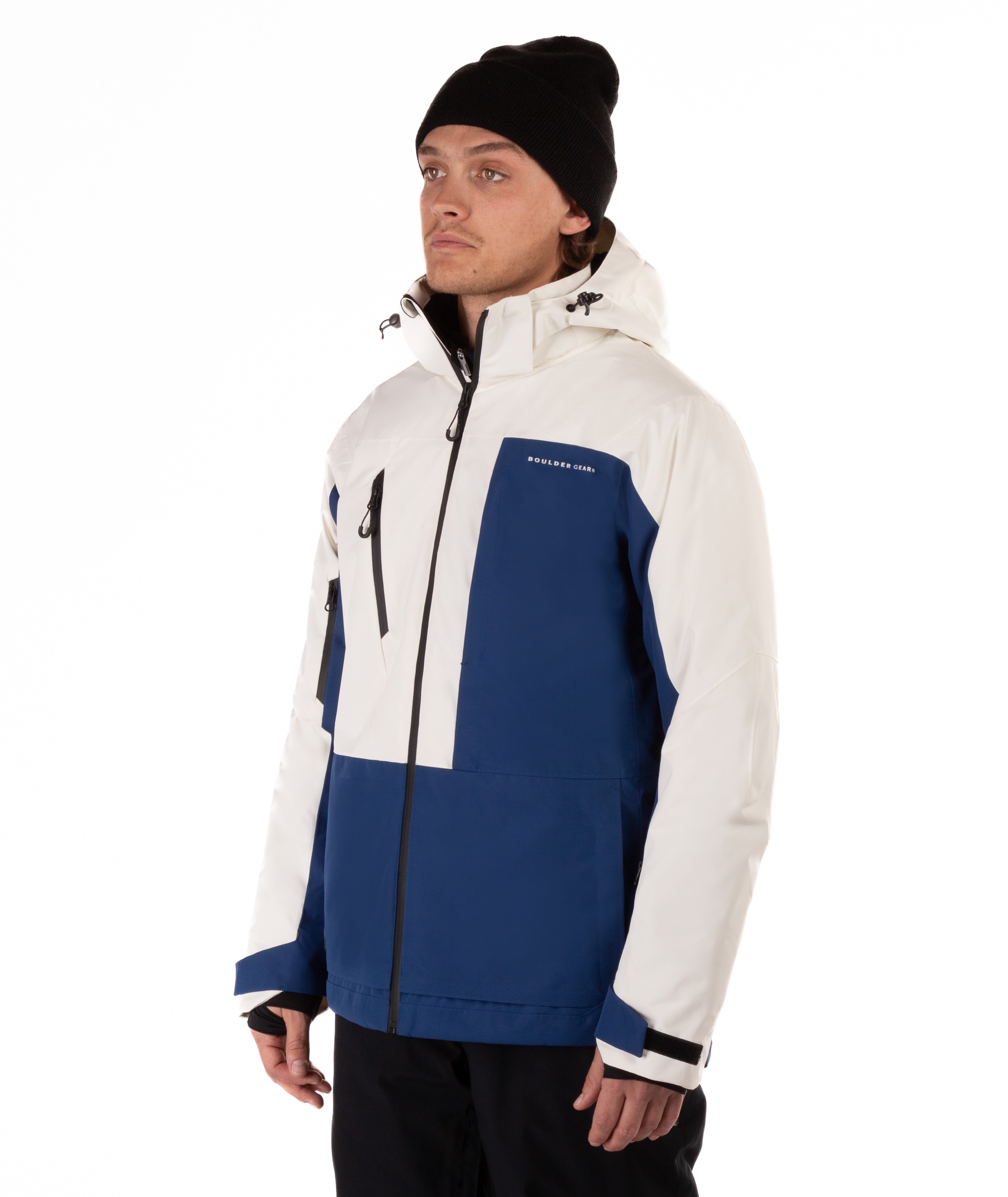 Man wearing a white and blue jacket with a visible brand logo on a white background