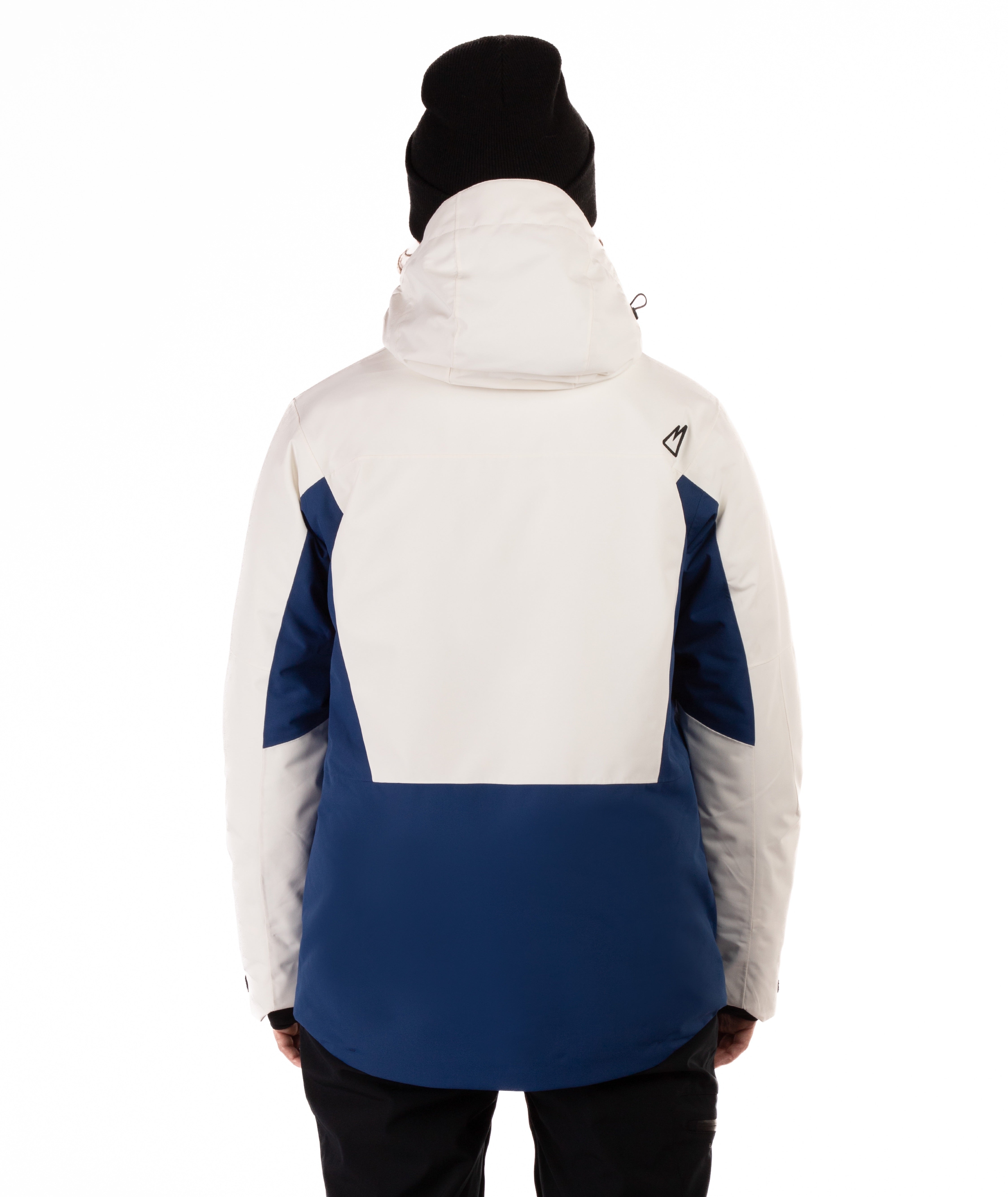 Person wearing a white and blue jacket from behind on a white background