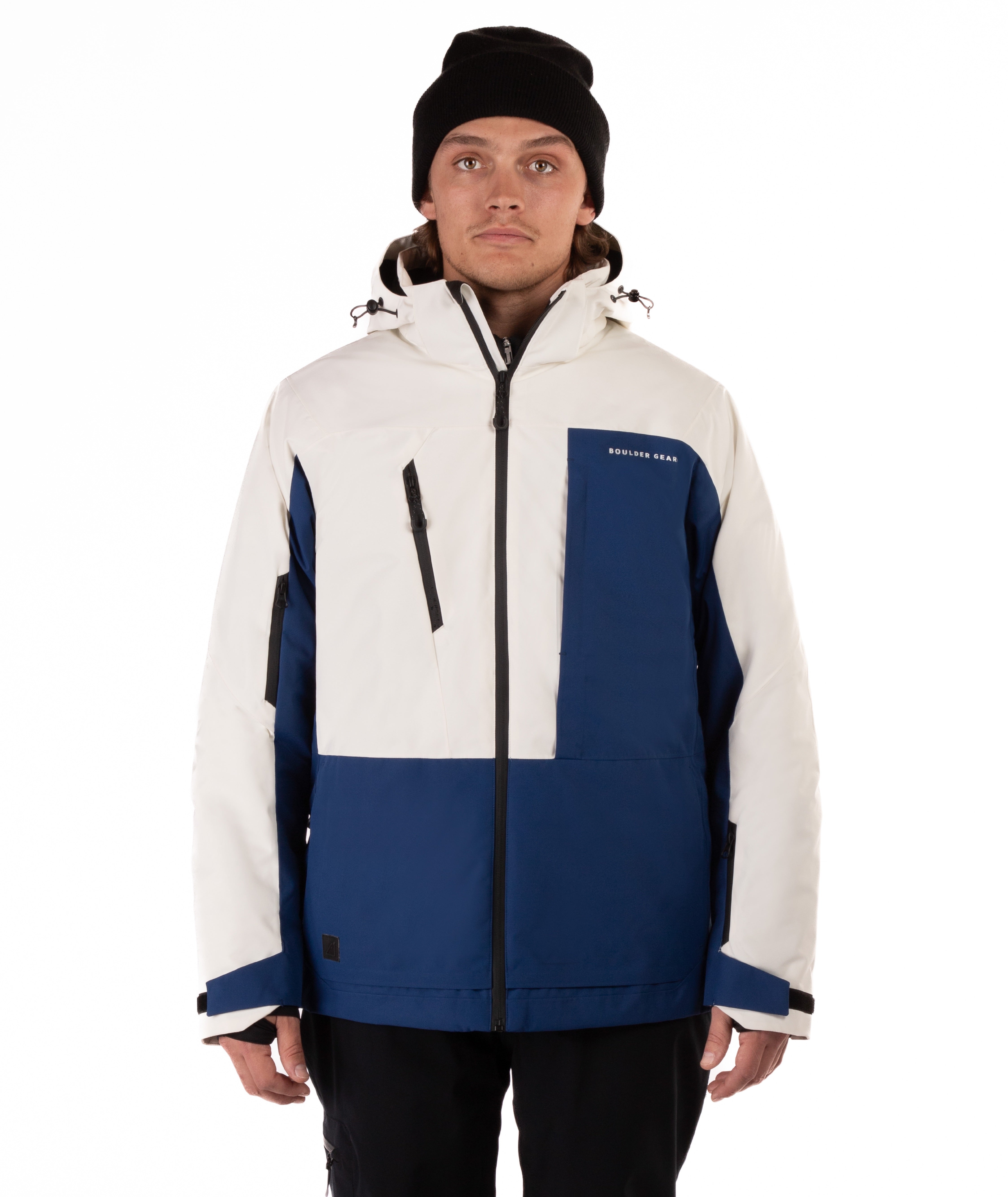 Person wearing a white and blue jacket with a visible brand logo on a white background