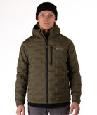 Man wearing a green puffer jacket with black zippers and a brand logo on a white background