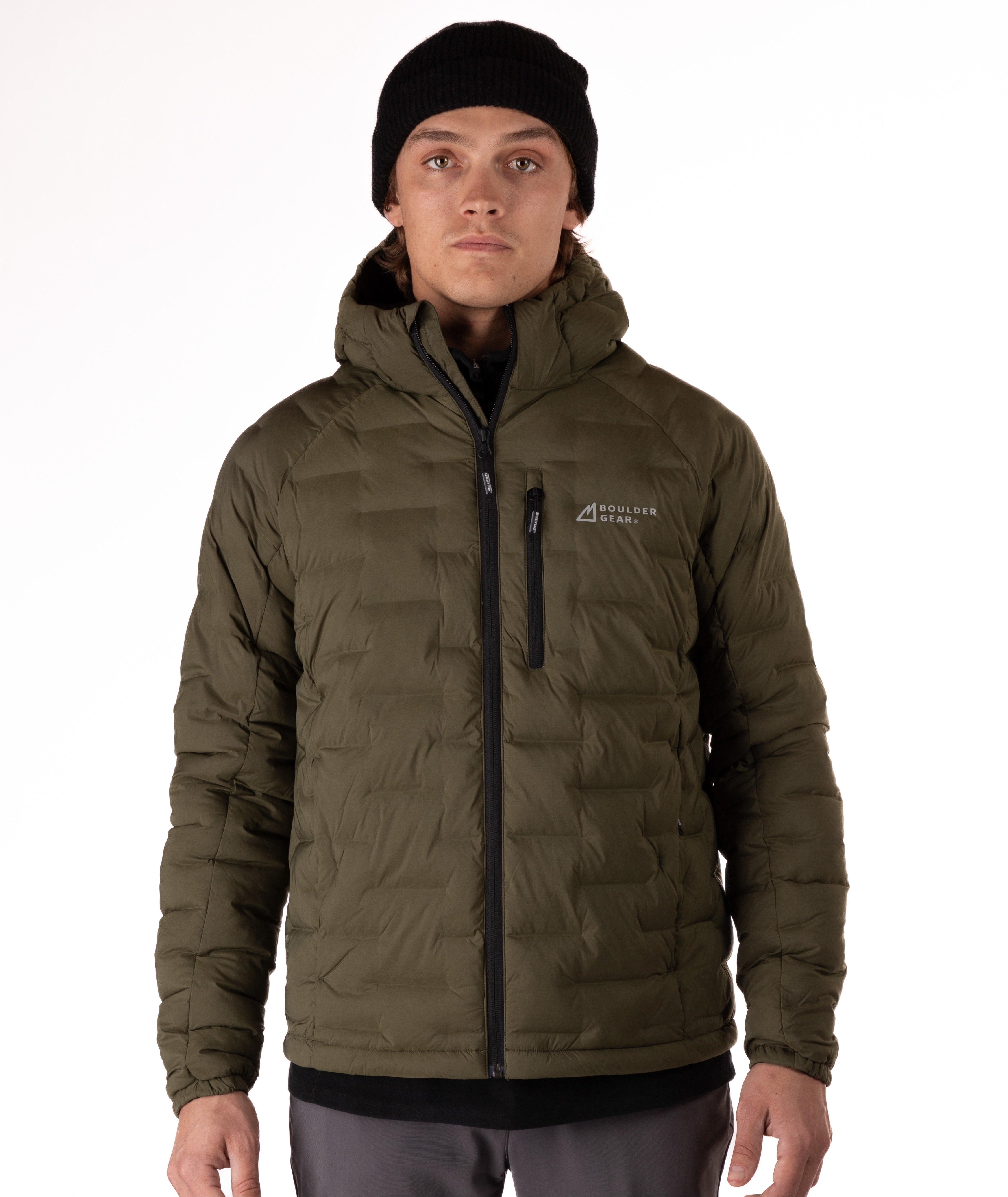 Man wearing a green puffer jacket with black zippers and a brand logo on a white background