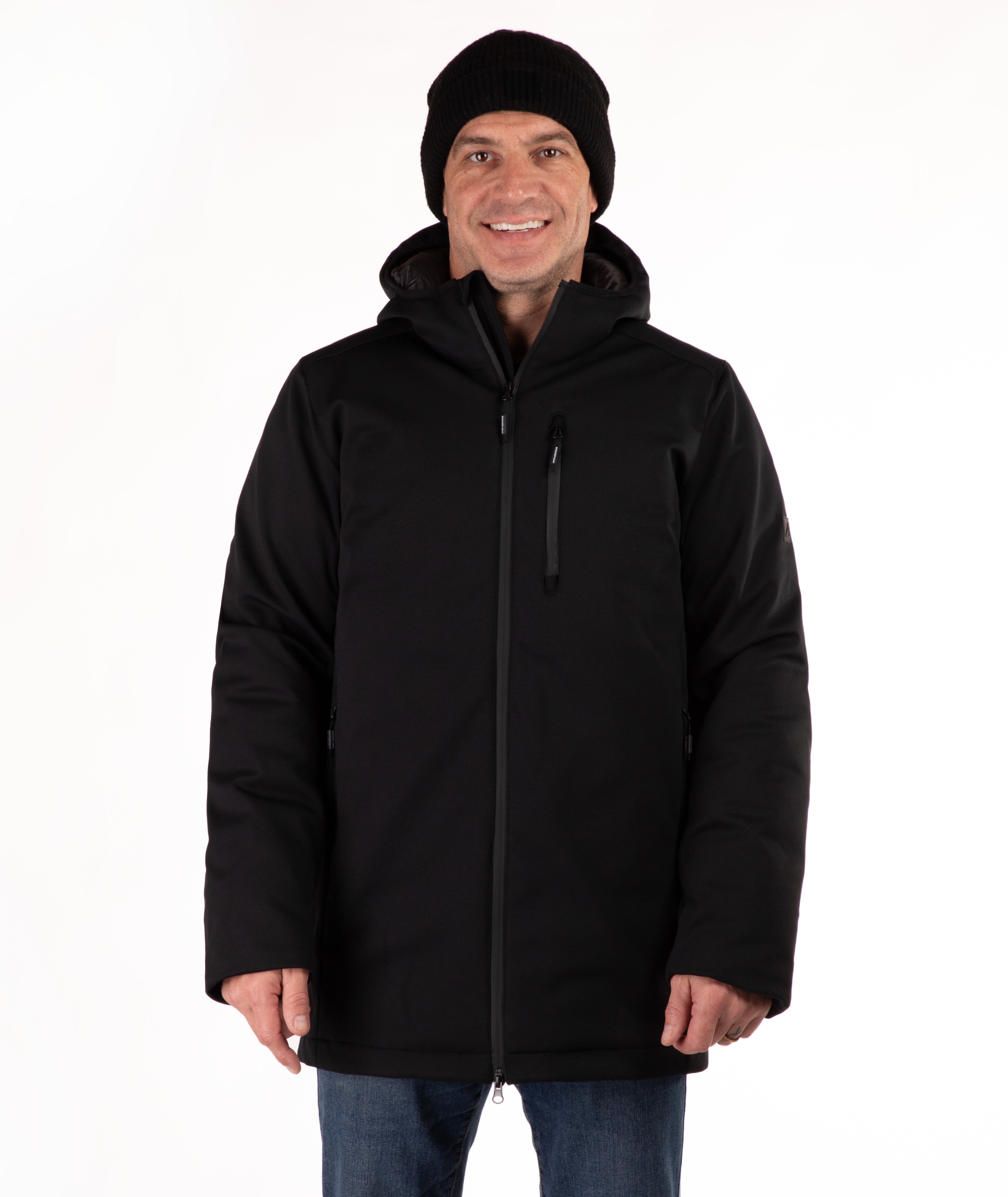 Man wearing a black hooded jacket on a white background