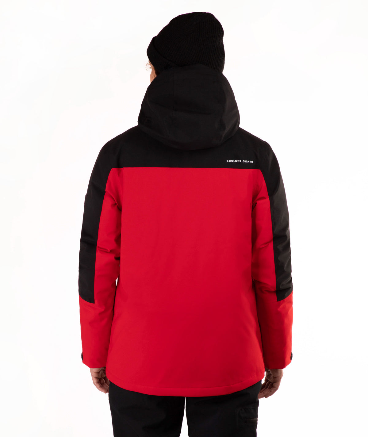 A person shown from the back wearing a red and black hooded puffer jacket with black sleeves and a black beanie against a plain white background.