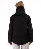 back of a Person wearing a black jacket with black accents on a white background