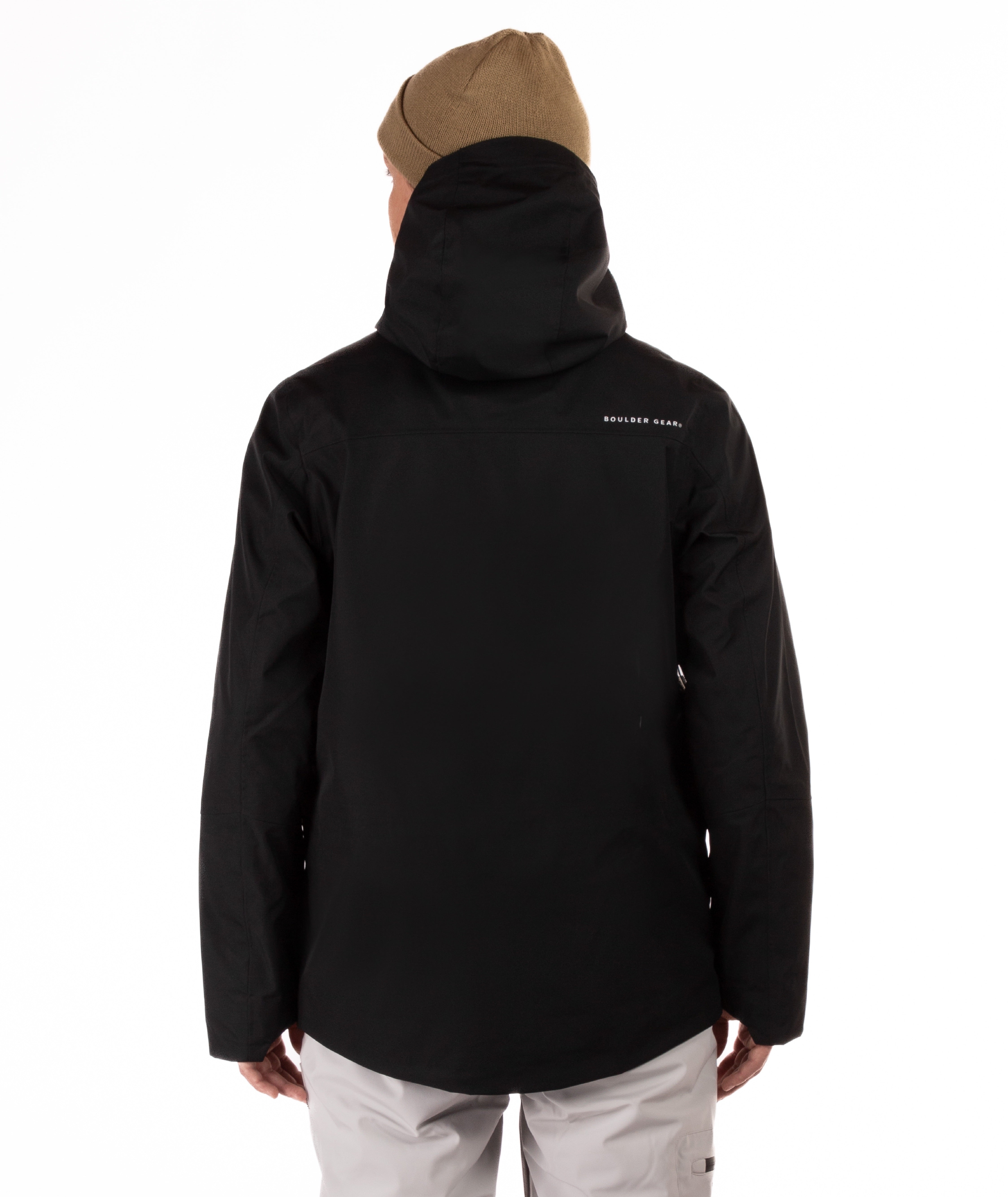 back of a Person wearing a black jacket with black accents on a white background