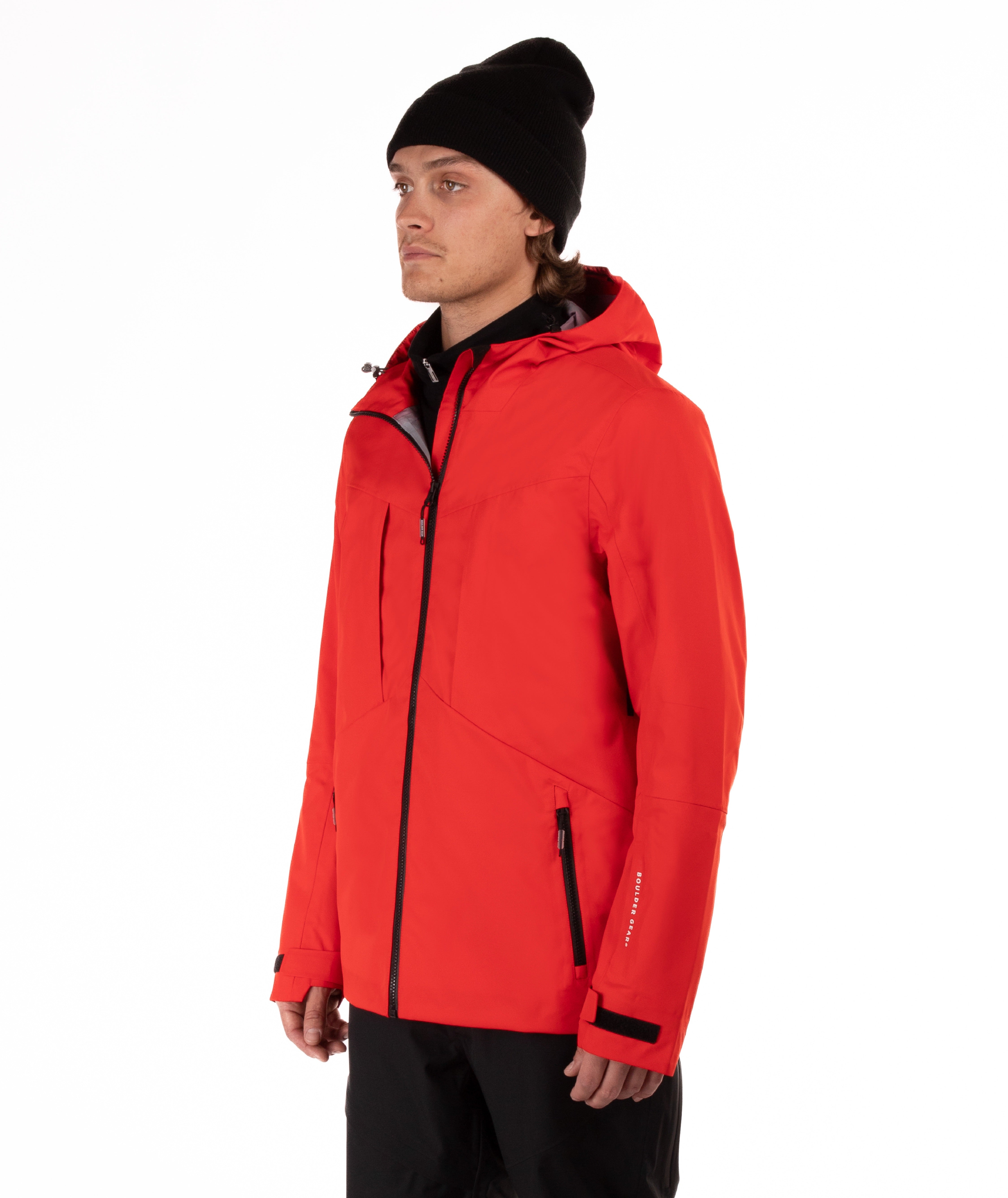 Person wearing a red jacket with black accents on a white background