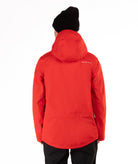 back of a Person wearing a red jacket with black accents on a white background