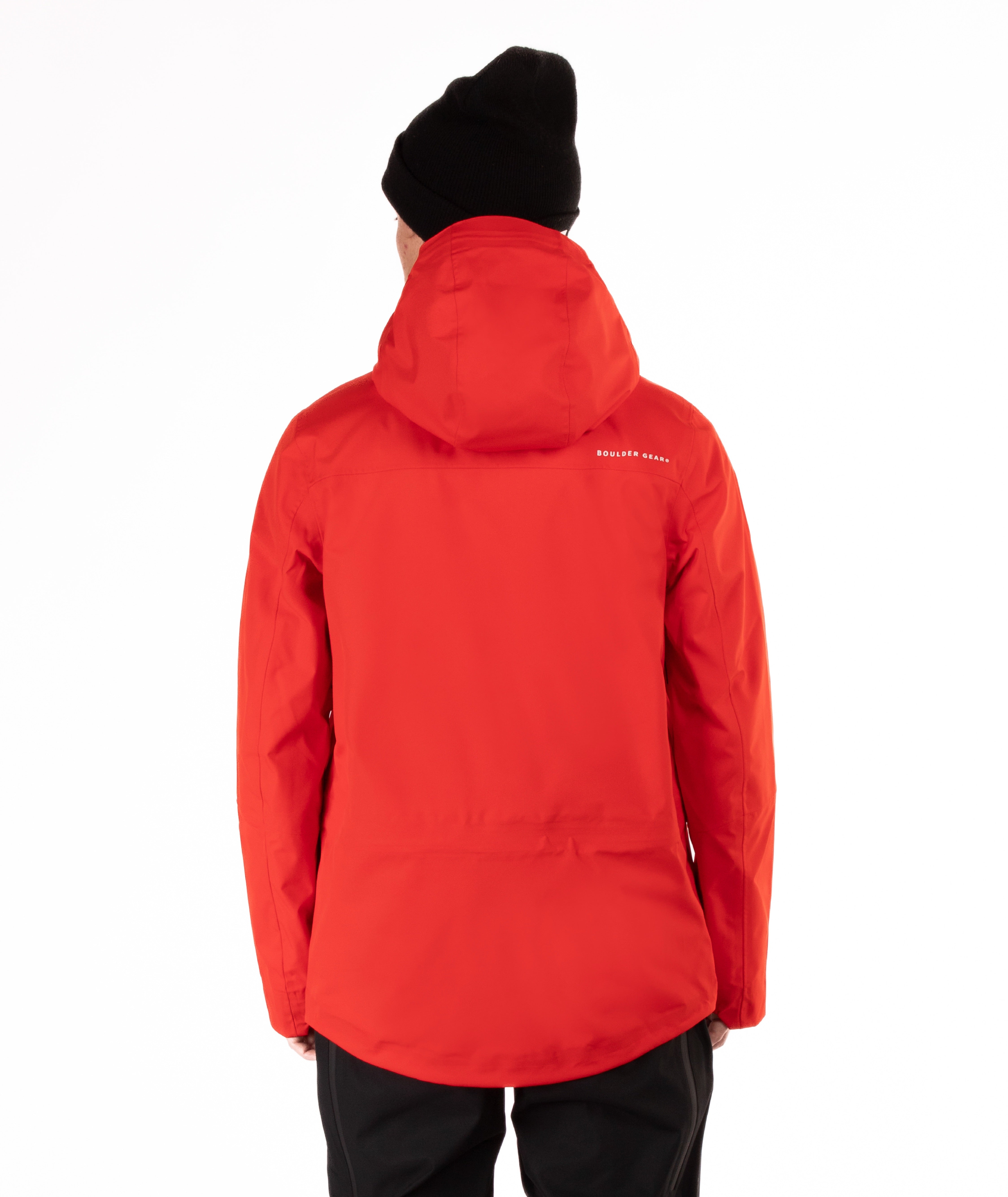 back of a Person wearing a red jacket with black accents on a white background