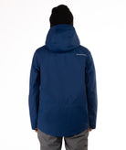 back of a Man wearing a blue jacket with black accents on a white background