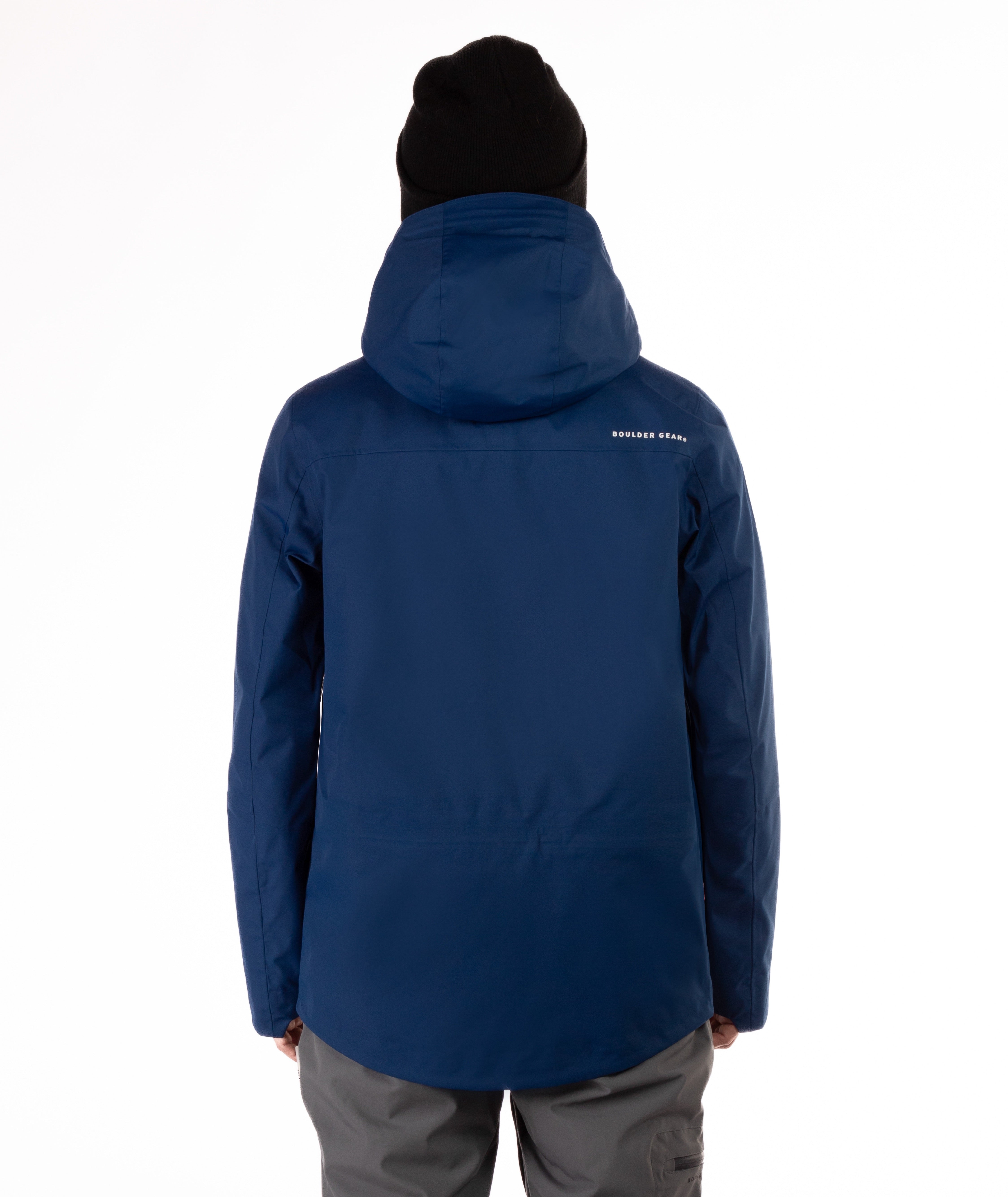 back of a Man wearing a blue jacket with black accents on a white background