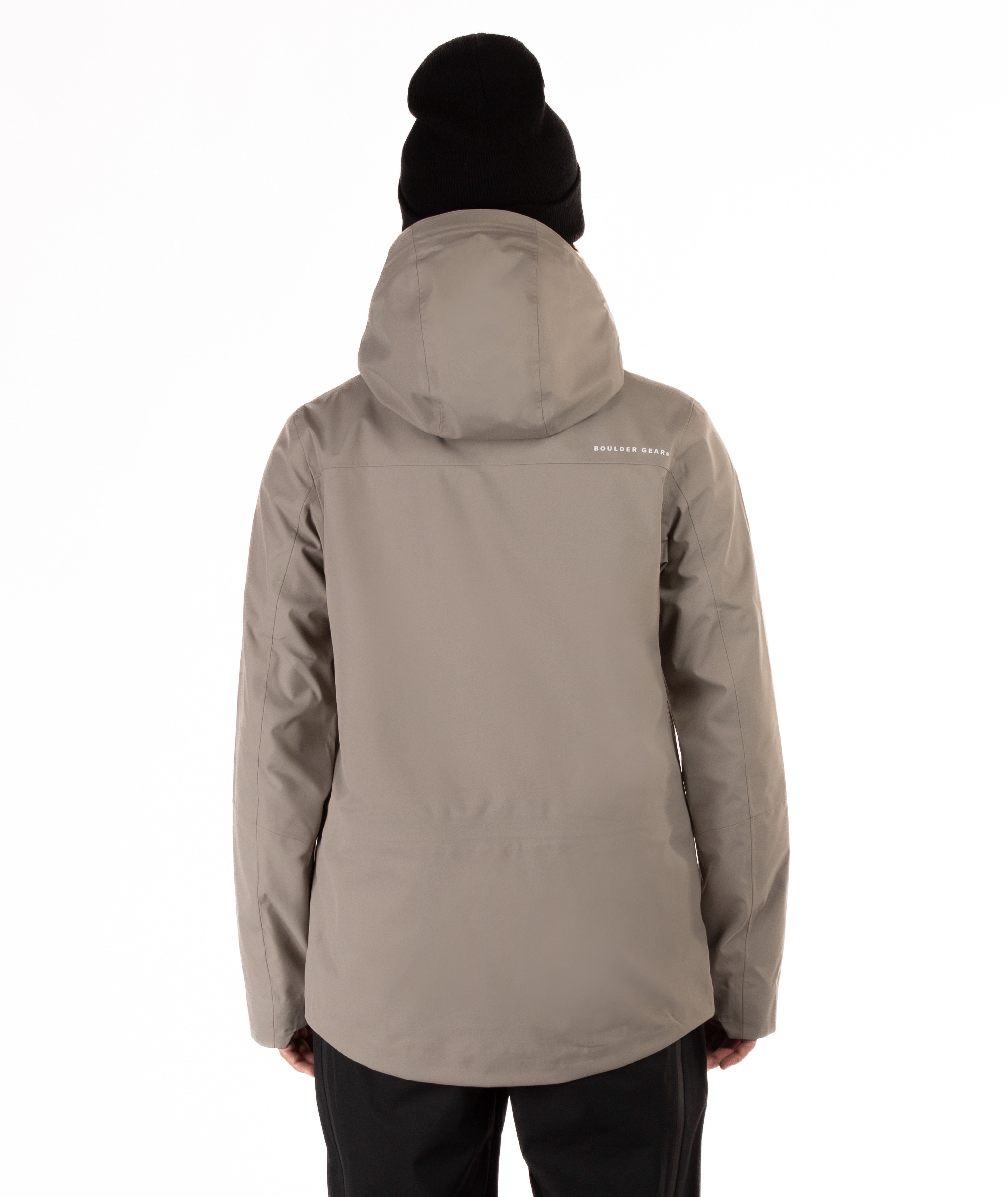 back of a Man wearing a beige jacket with black accents on a white background