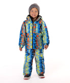 Child wearing a yellow, blue, and orange multi color geometric print quilted winter jacket with chest pockets and hand-warmer pockets on a white background