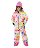 Child wearing a colorful colorful tie-dye winter jacket on a white background. 