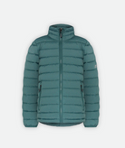 A youth teal puffy jacket with a zipper and hand pockets on a white background