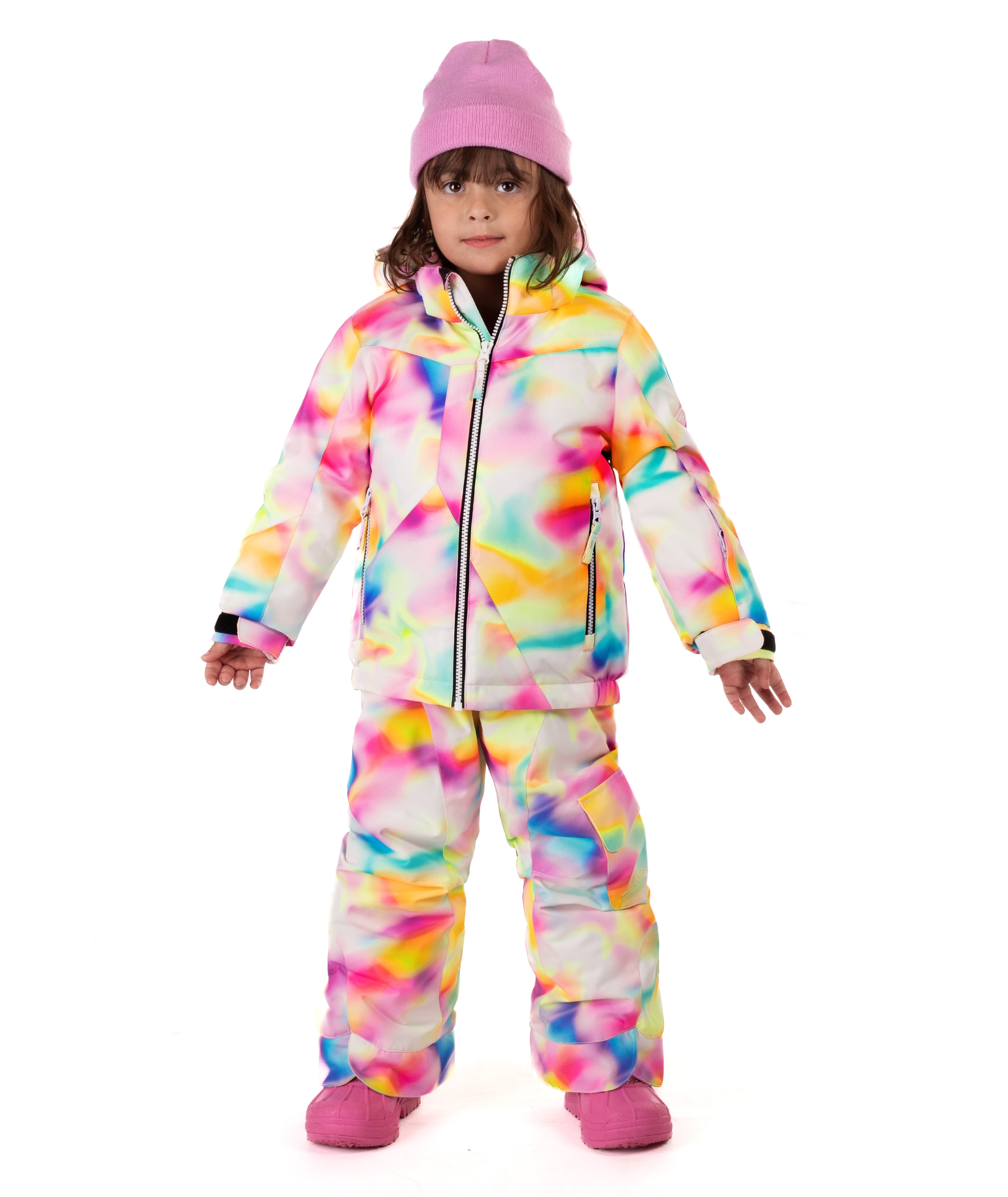 Child wearing a colorful tie-dye winter jacket on a white background
