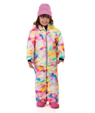 Child wearing a colorful colorful tie-dye winter jacket on a white background. 