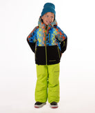 Child wearing a two-tone jacket with a geometric multi-color print on the top and black on the bottom of the jacket