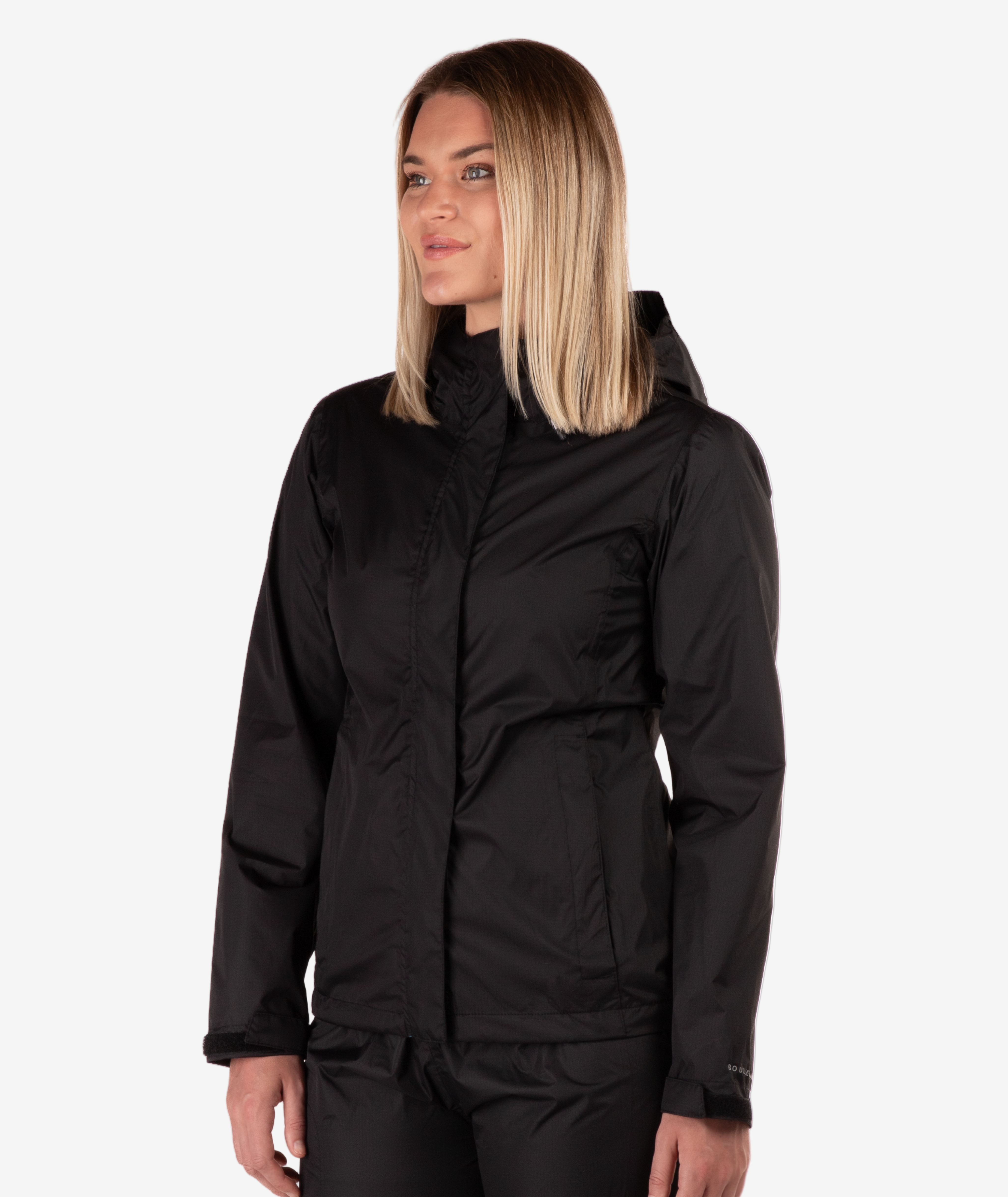 Person wearing a black jacket on a white background