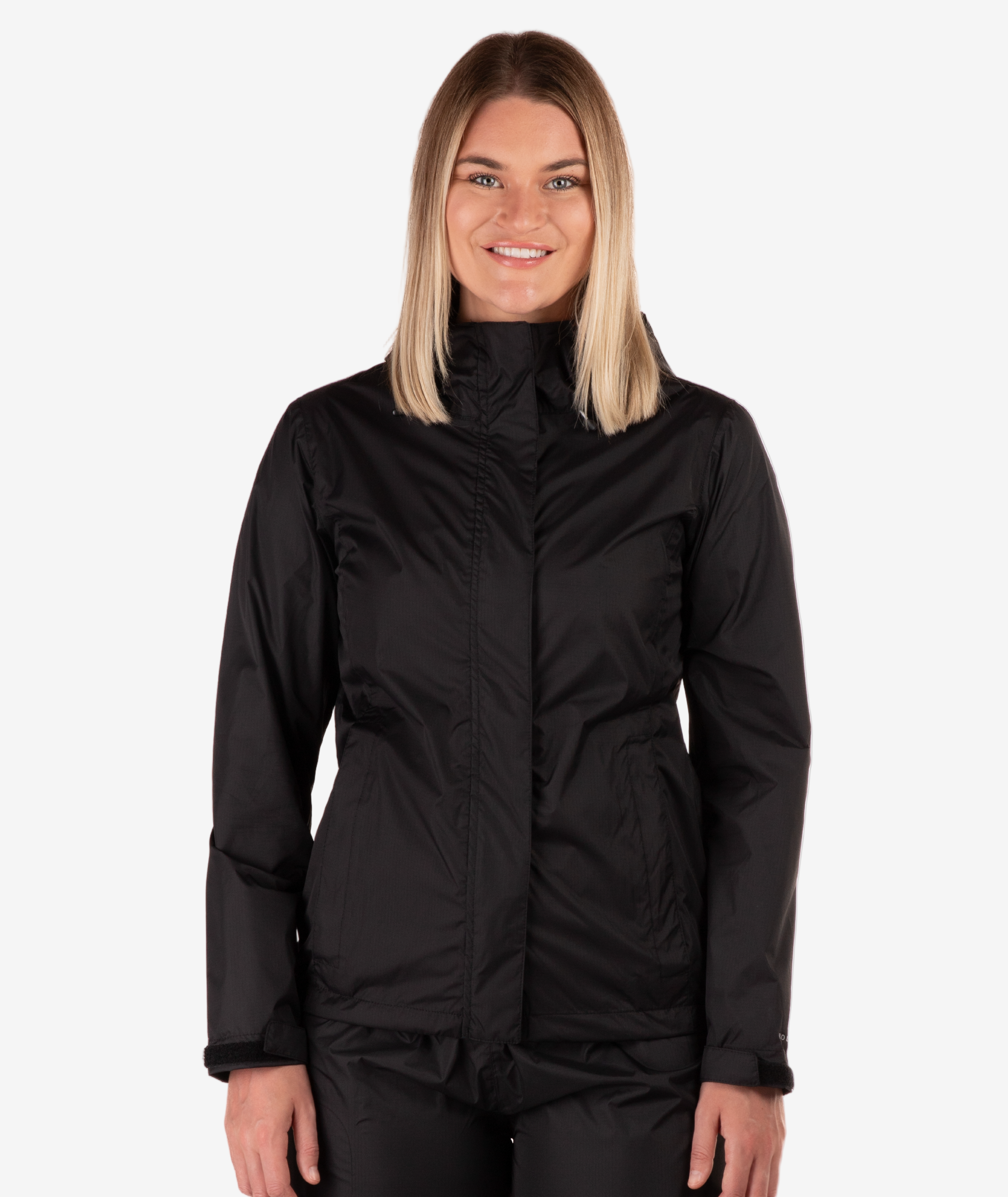 Woman wearing a black jacket on a white background