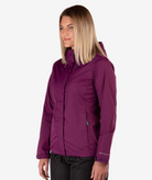Woman wearing a purple jacket on a white background
