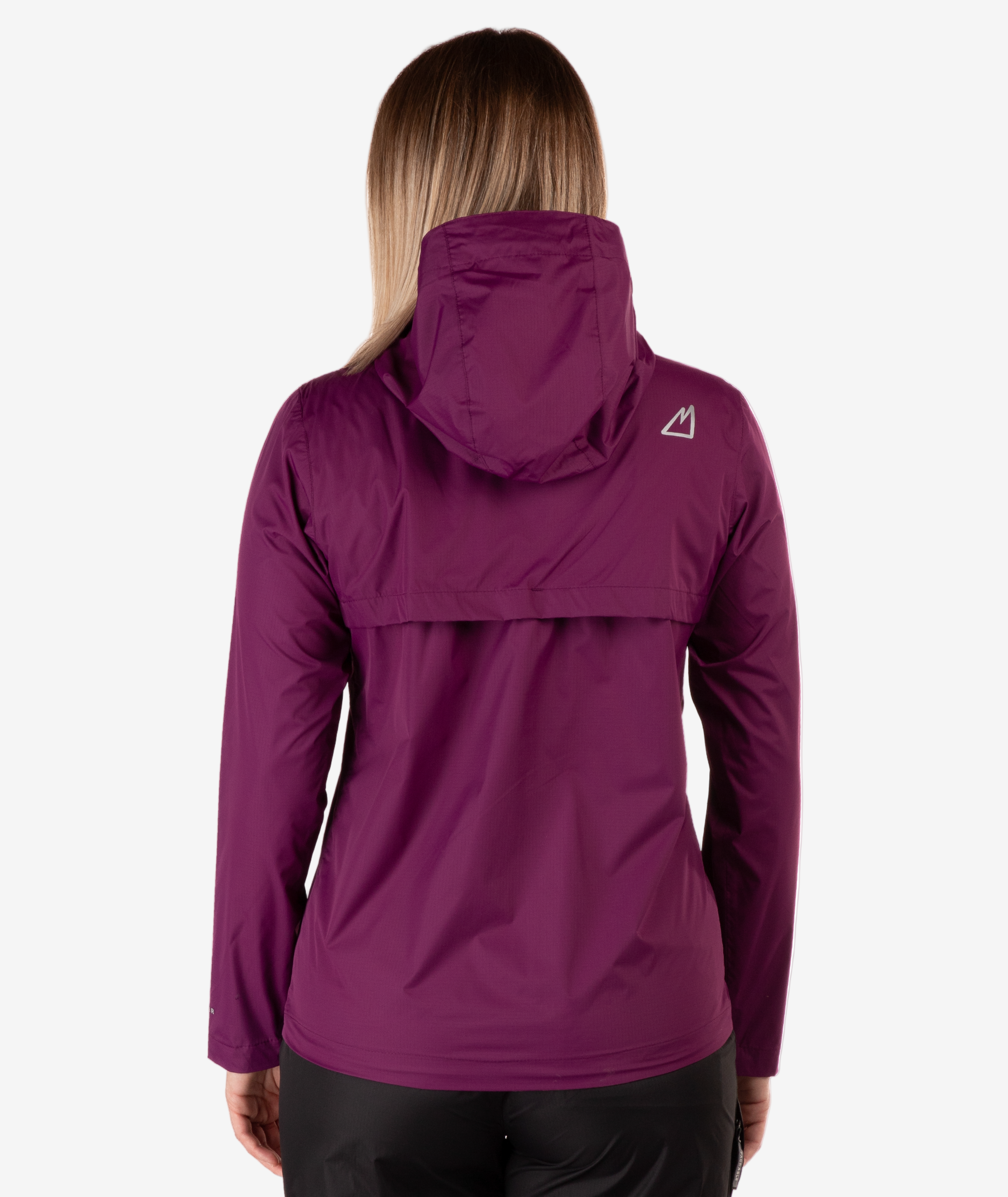 back of a Purple jacket with a brand logo on the back, worn by a person against a white background